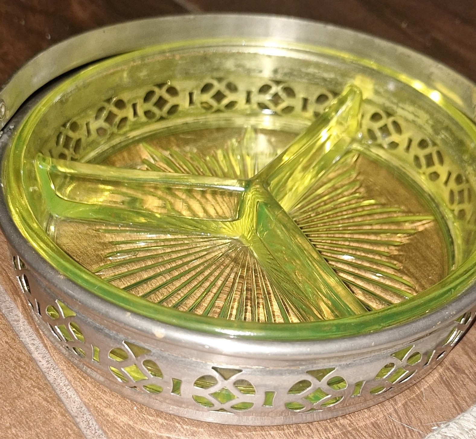 Vintage Chrome & Vaseline Glass Divided Relish Tray UV Reactive Minor Flea BITE