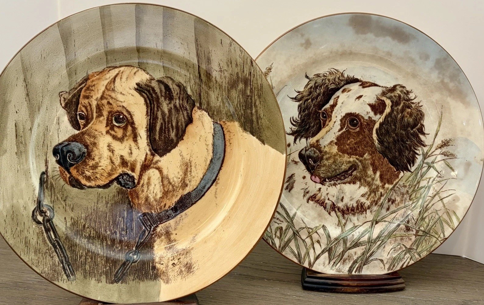 Antique 1905 Cauldon England Dog Cabinet Plates Mastiff Setter G Pedersen Signed