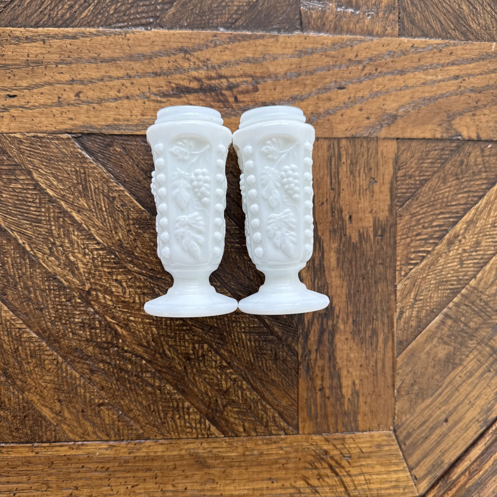 Westmoreland Salt and Pepper Shaker Bead Cable Grape Leaf White Milk Glass