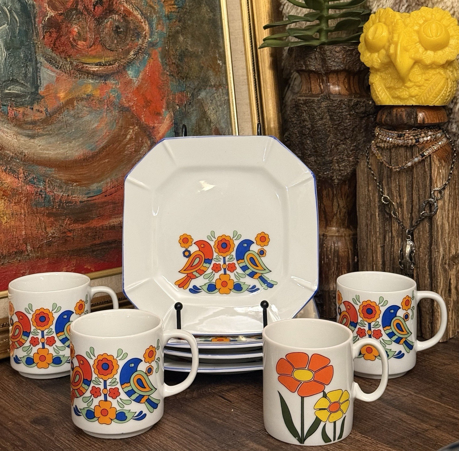 8pc VTG 70s Scandinavian Folk Art Style Bird Snackware Plates Mugs Groovy Happy