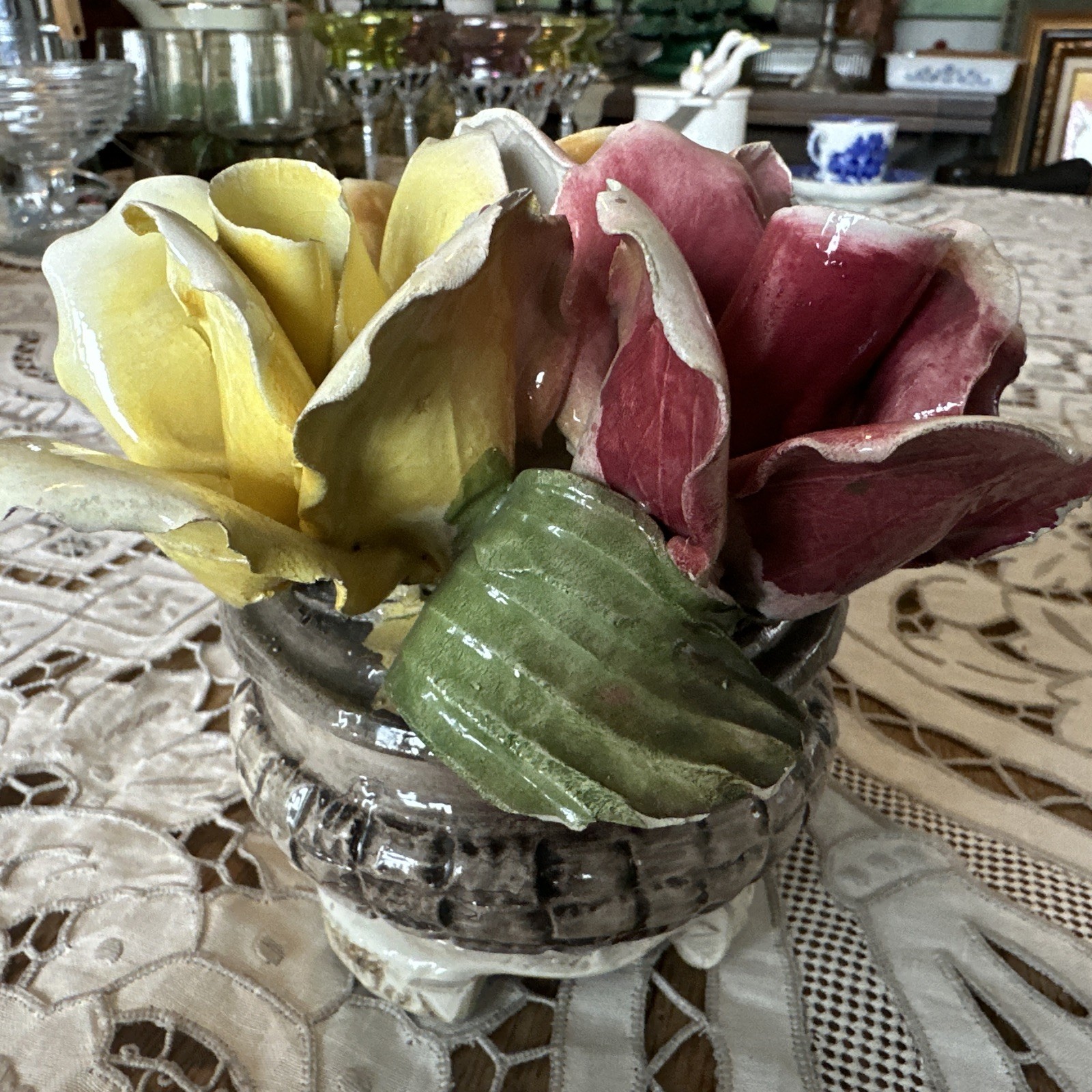 Vintage 1950’s Italian Capodimonte 3 Rose Floral Bouquet Footed Centerpiece