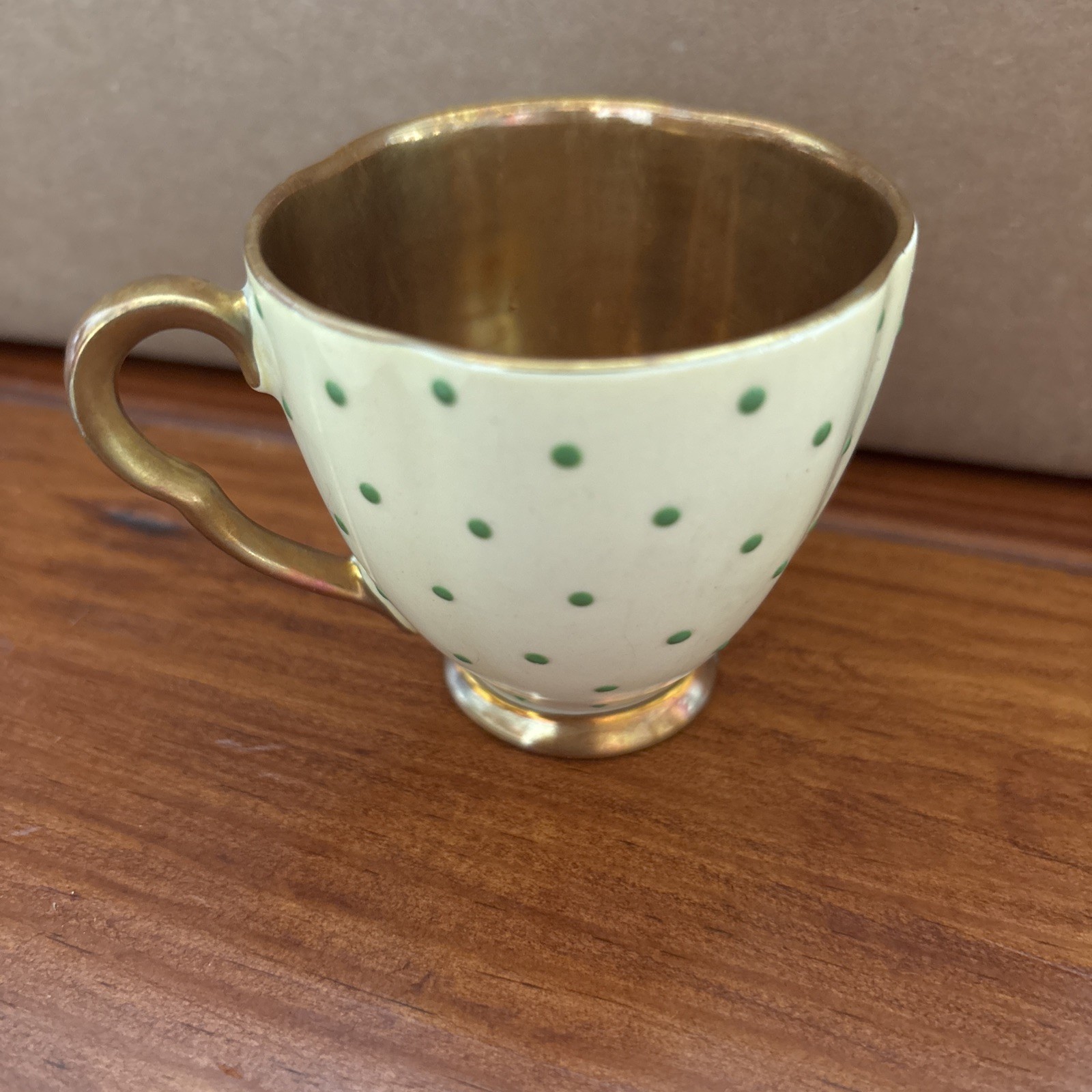 Carlton Ware Dematisse Hand painted Tea Cups/Saucers. Pale Yellow With Green Dot