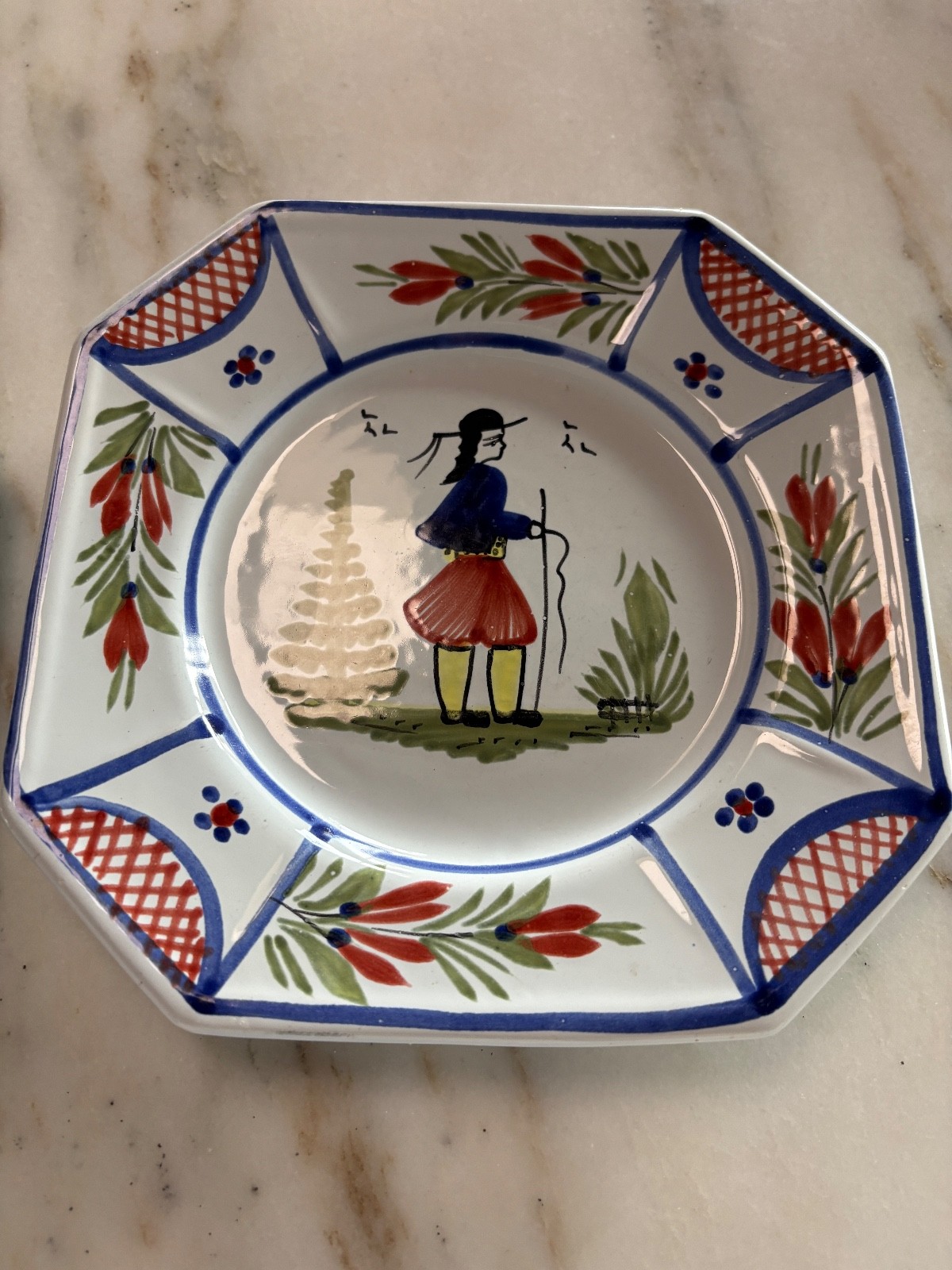 Pair of Henriot Quimper Mistral Blue Breton Octagonal Salad Plates 7.75” France