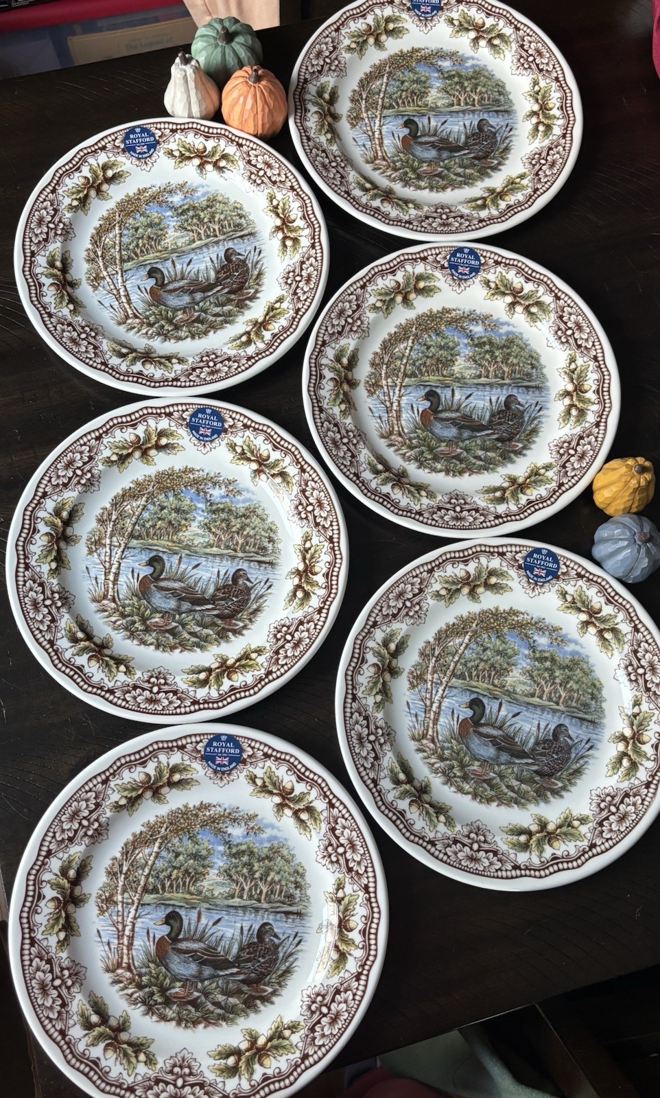 (6) Royal Stafford Woodland Fall Mallard Ducks With Acorns Dinner Plates New