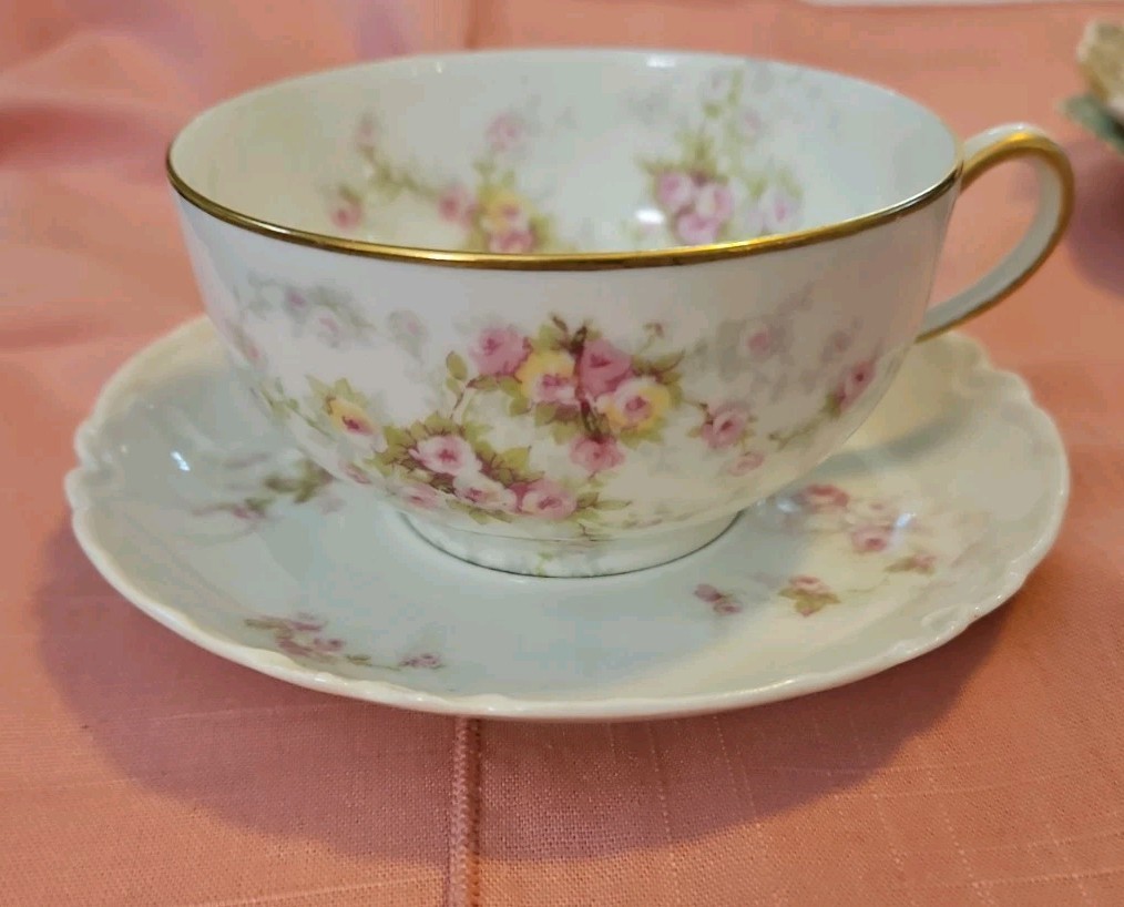 Theodore Haviland Limoges Cup & Saucer Pink Roses Gold Trim Swag
