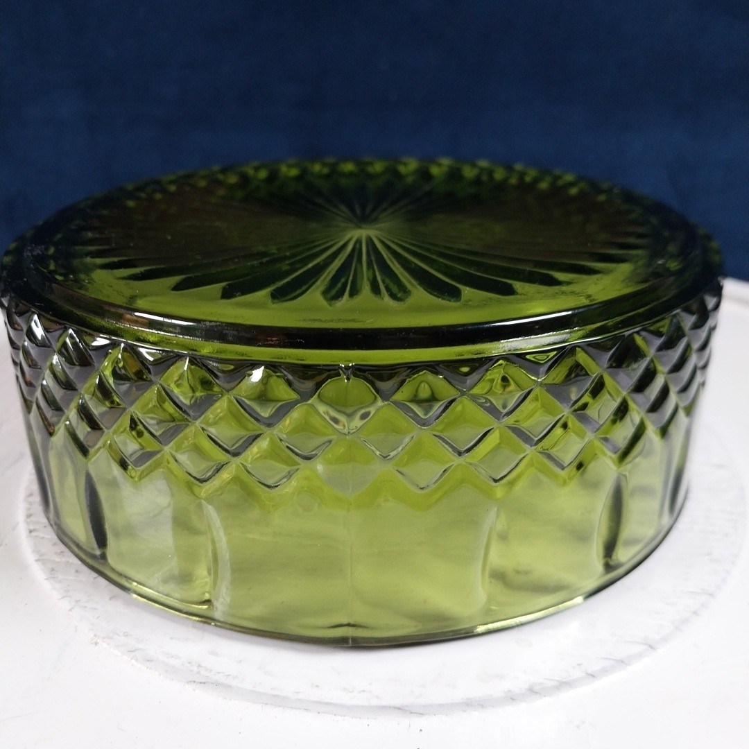 Vintage Indiana Glass Princess Pattern Dark Green Lidded Candy Dish