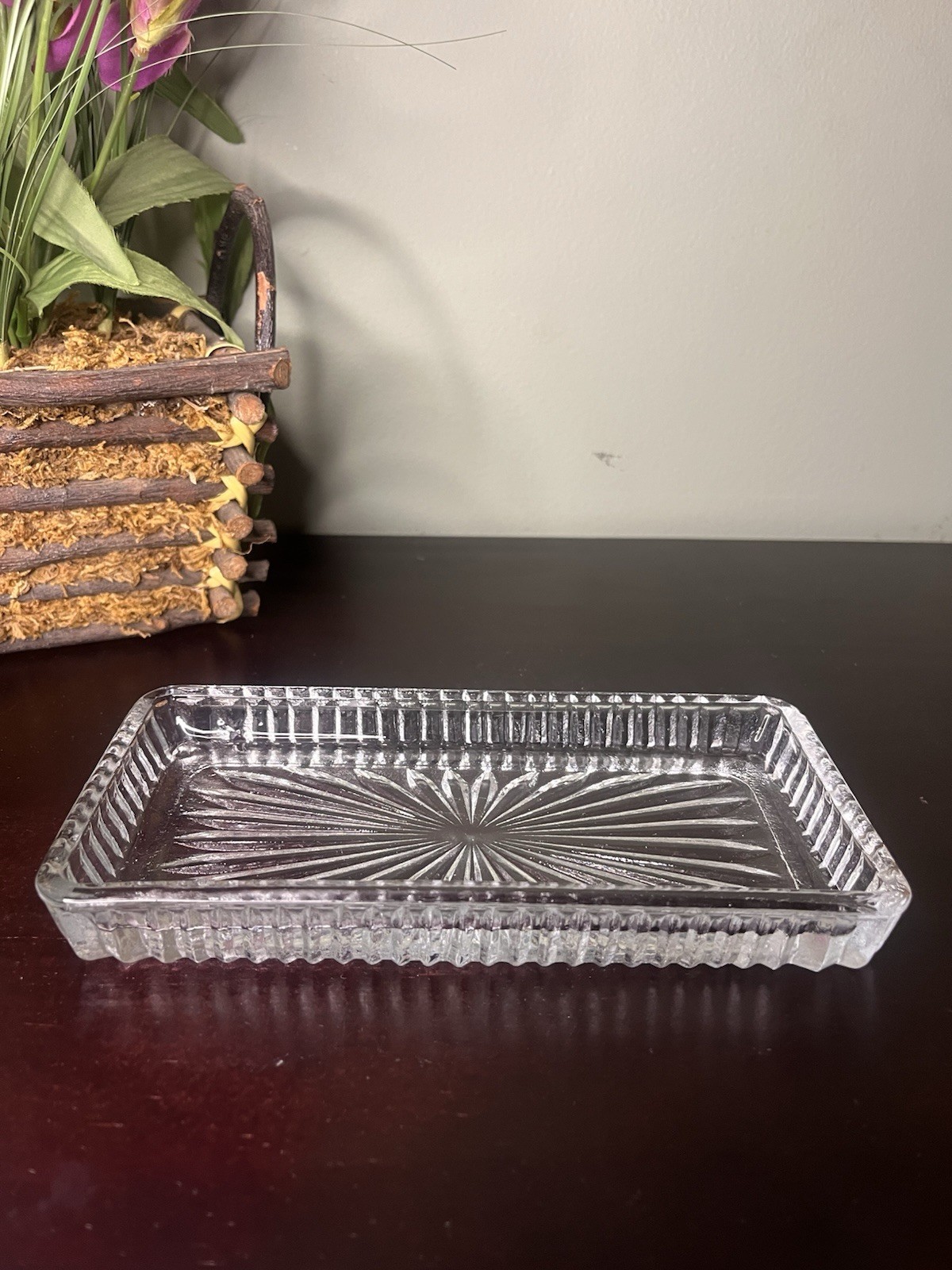 Vintage Glowing Glass Rectangular Trinket Tray Starburst Pattern UV Reactive