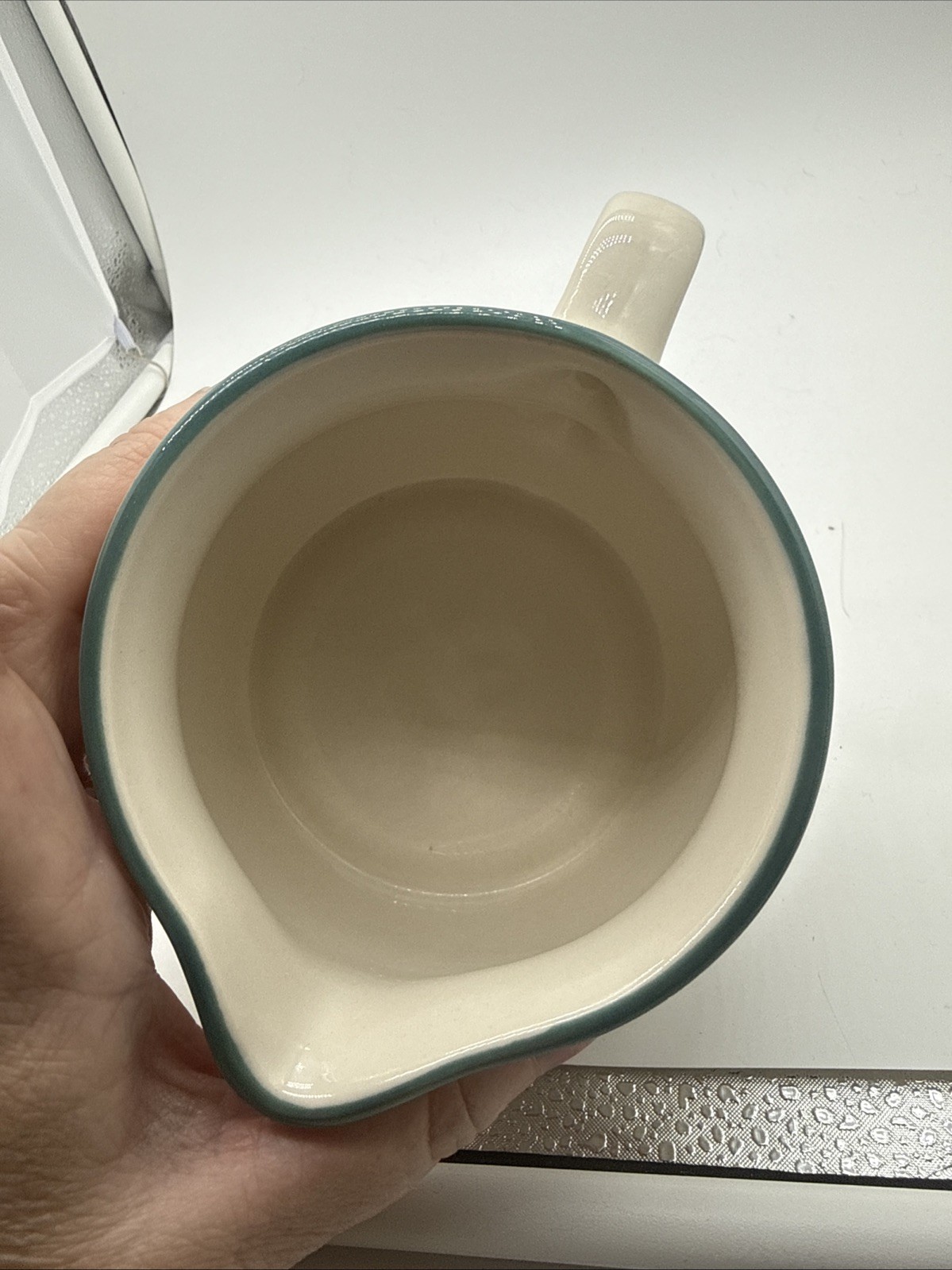 Pfaltzgraff Juniper Creamer Saucer Pitcher Ivory Green / Mauve Bands Made In USA