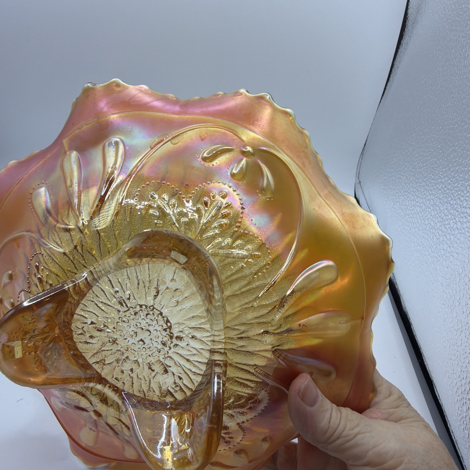 Northwood Pumpkin Marigold Sunflower Spatula Ftd Carnival Glass Bowl 9”