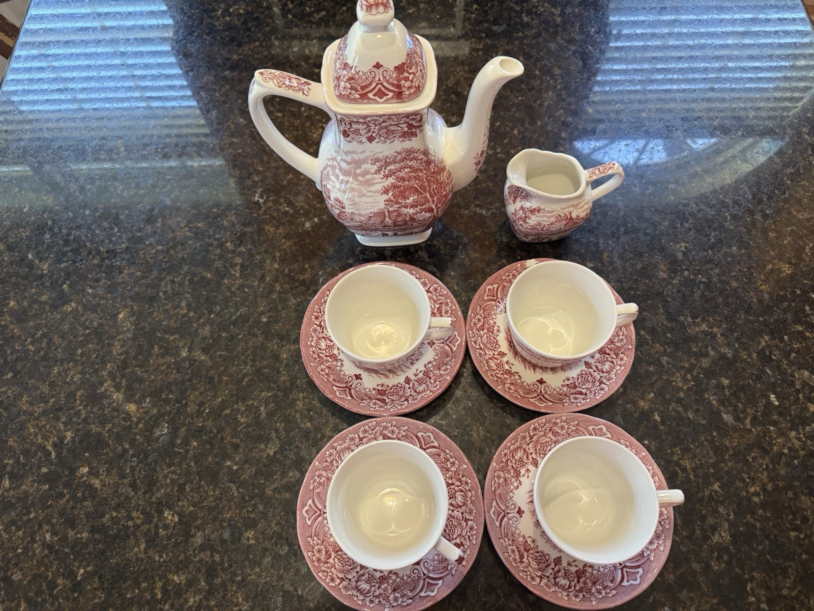 Grindley Homeland Pink Transferware Tea Set w/ Creamer, Cups, Saucers