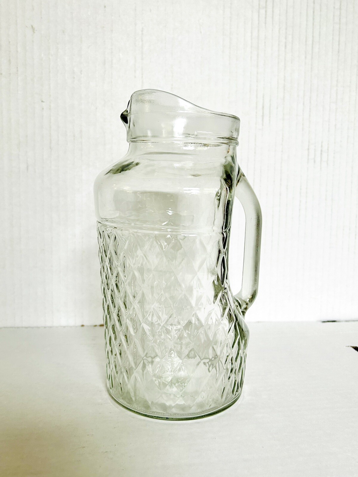 Vintage Juice Pitcher Mid-Century Diamond Pattern Clear Recessed Handle