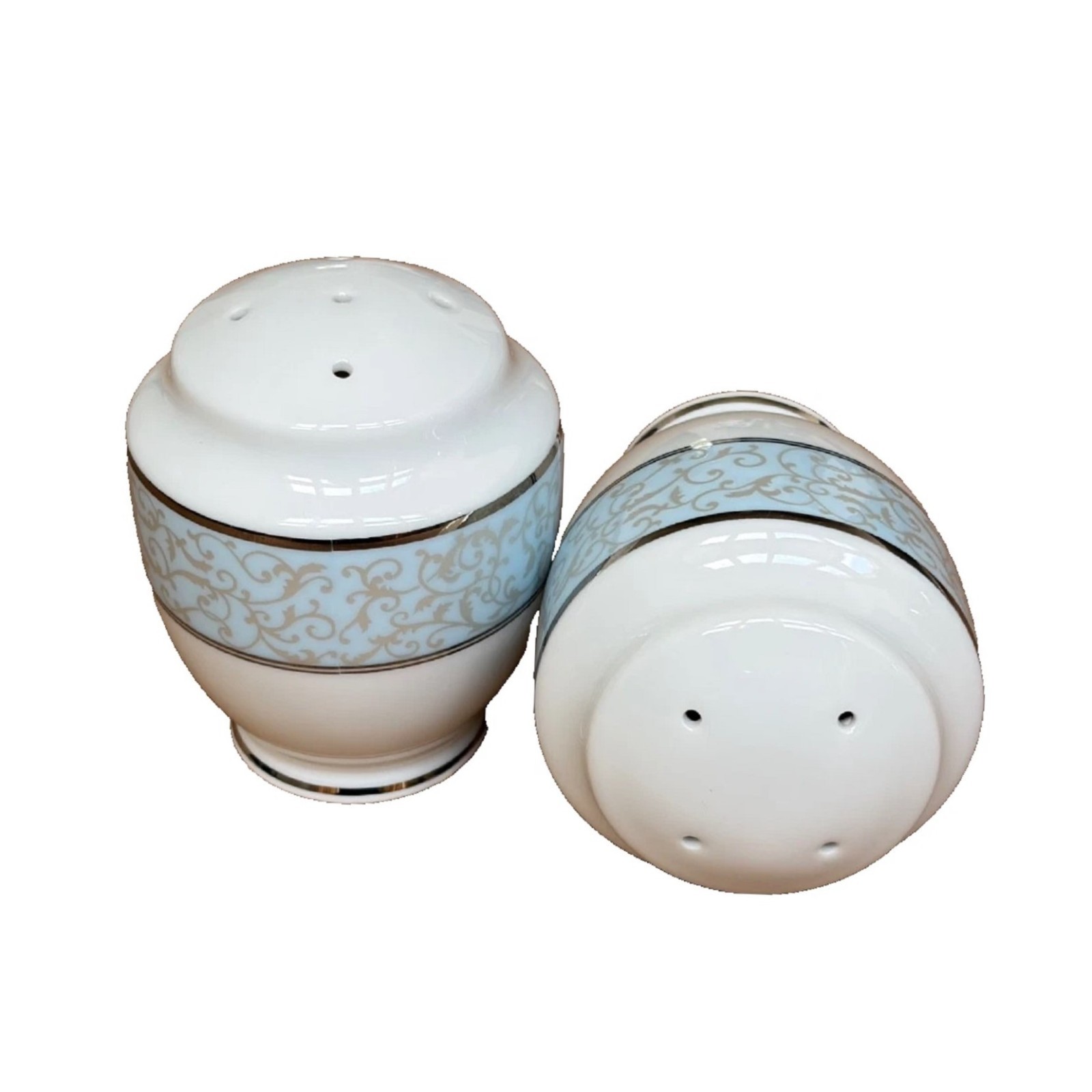 new Mikasa BLUE PARCHMENT Fine China Salt & Pepper Shakers with Platinum Scrolls