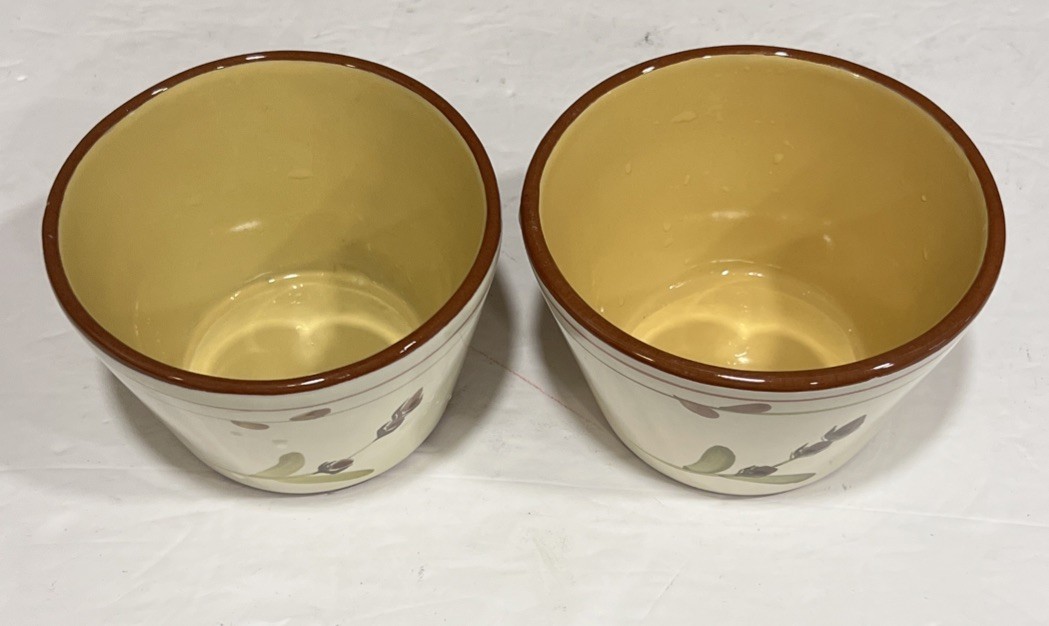 (2) CRATE & BARREL PROVENCE rustic OLIVE BRANCH Terracotta Serving Dip Bowls