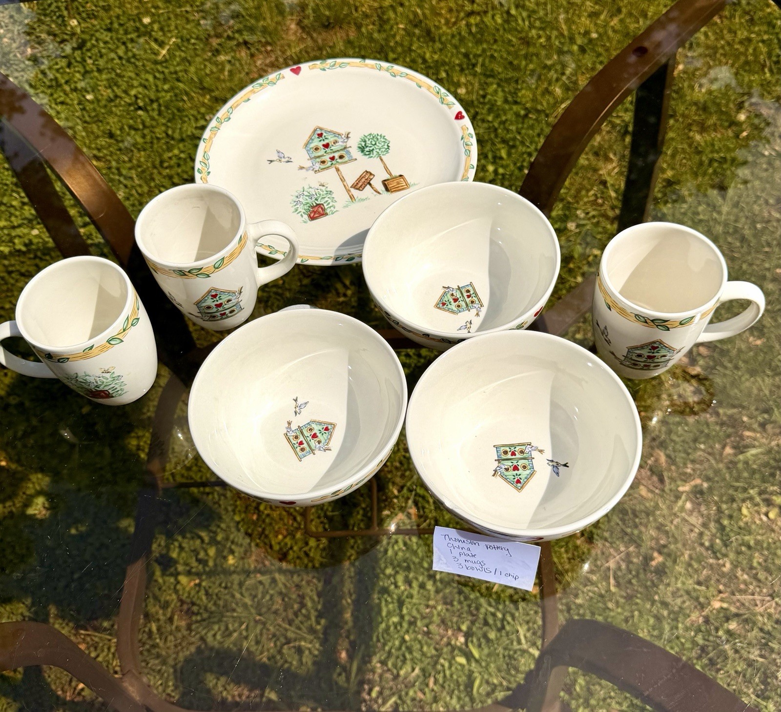 Vintage Thomson Pottery Birdhouse Hearts Garden Farmhouse Dinnerware 7 Pc Set