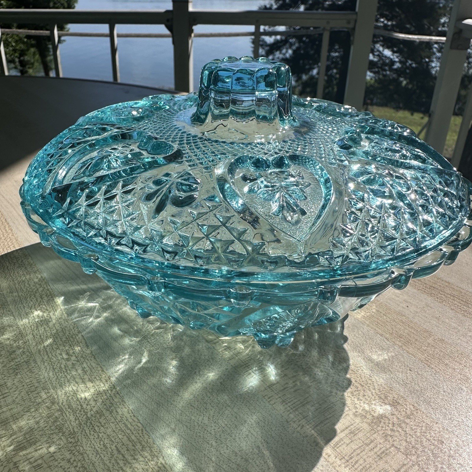 KIG Indonesia Aqua Teal Candy Trinket Dish Dish 7″ Diameter 4″ High Vintage