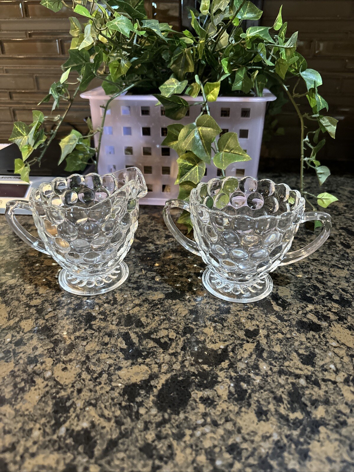 Vintage Clear Bubble Design Creamer and Sugar Bowl