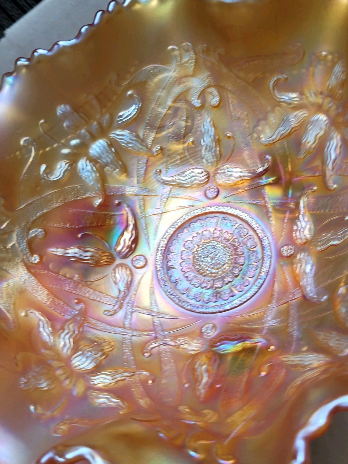 Pretty Marigold Northwood Carnival Glass Wishbone Bowl Ruffles n Rings EX.