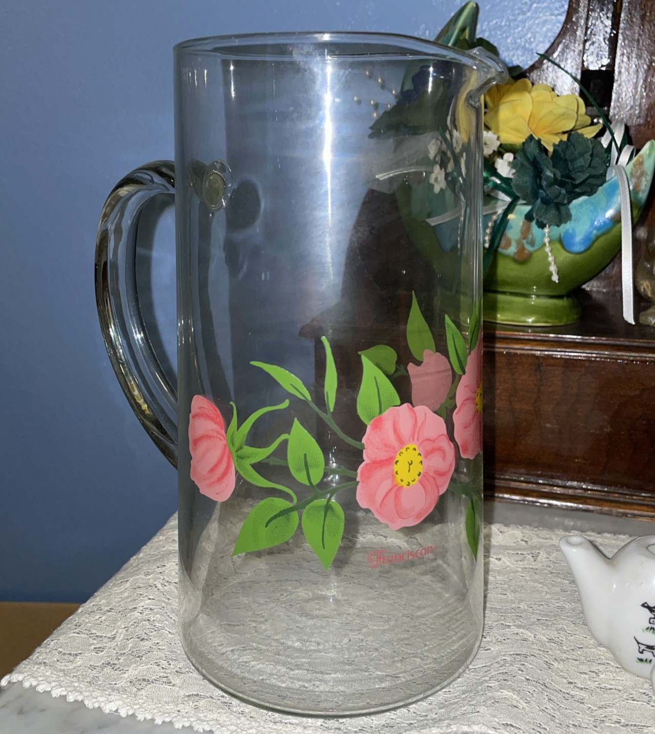 Vintage Franciscan Desert Rose Clear Glass Pink Flower 7.75 in Cocktail Pitcher