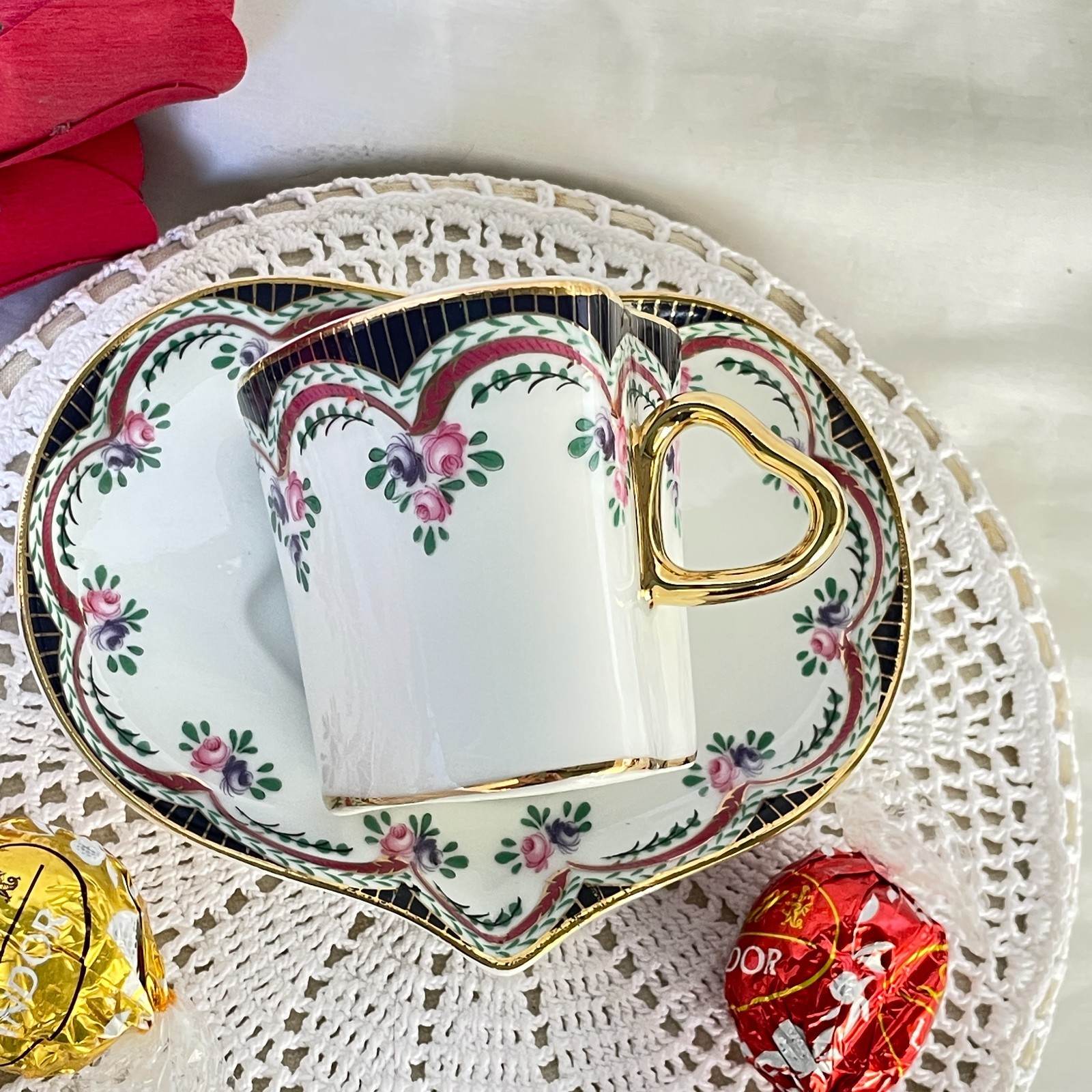 Vintage China Heart Shaped Coffee Cup & Saucer Cobalt Rim Rose Swags Gold Handle