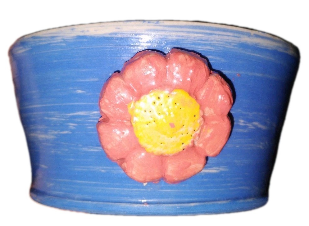 Blue Hand Made Pottery Bowl with Pink,Yellow Flowers & Bee motif 5inch