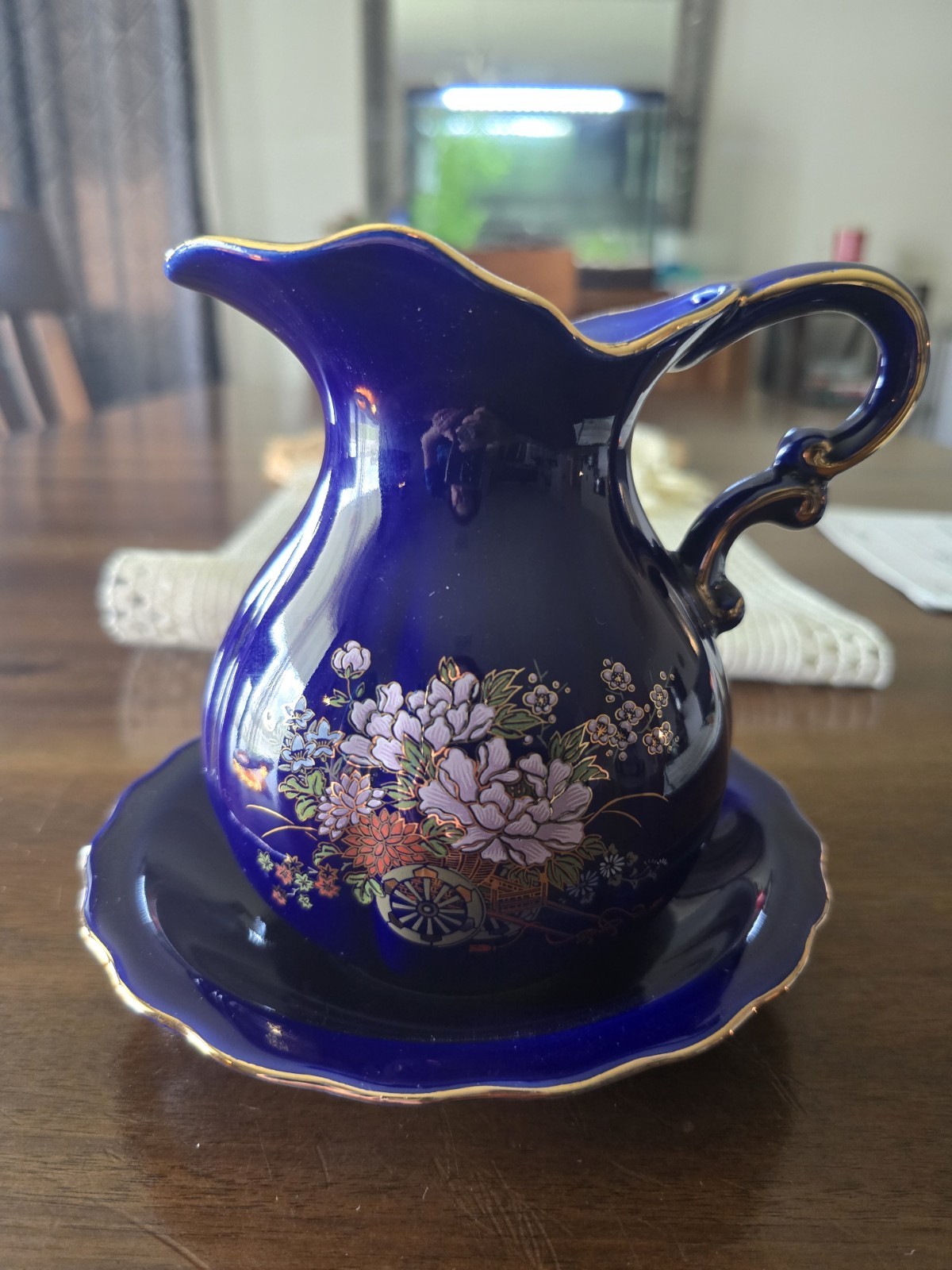 Vintage Cobalt Blue Porcelain Creamer Pitcher Gold Trim Floral w Saucer