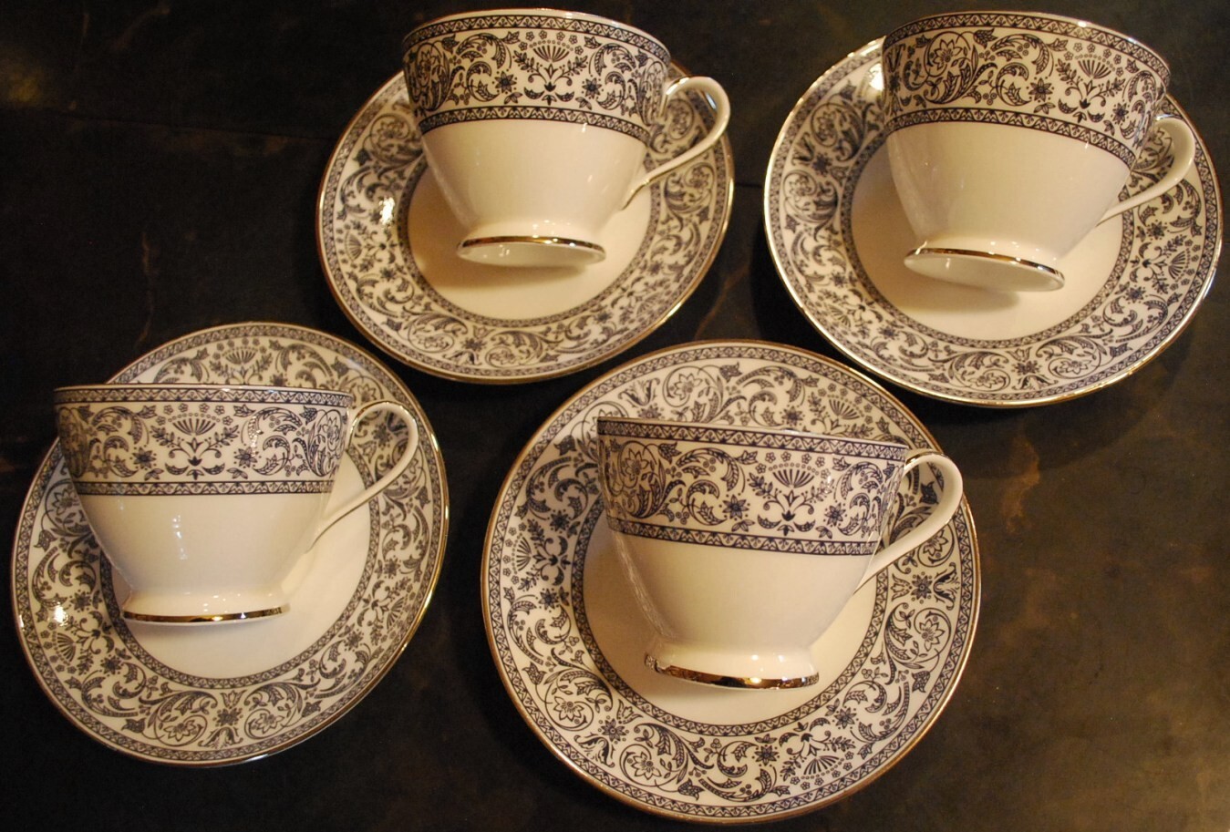 Set 4 MINTON Bone China INFANTA S744 Footed Cups & Saucers ENGLAND Blue & White
