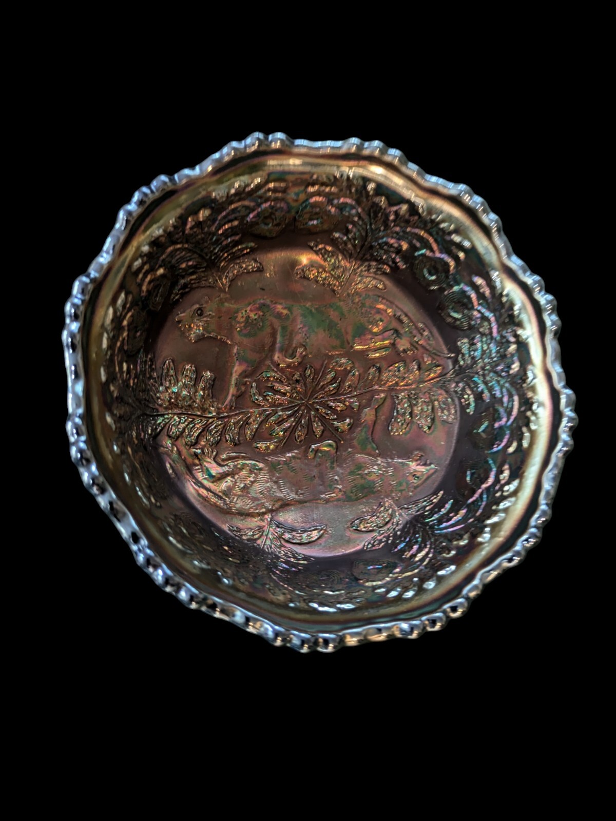 Fenton Marigold Carnival Butterfly & Berry Footed Bowl 5″ Diameter 2.5″ Tall