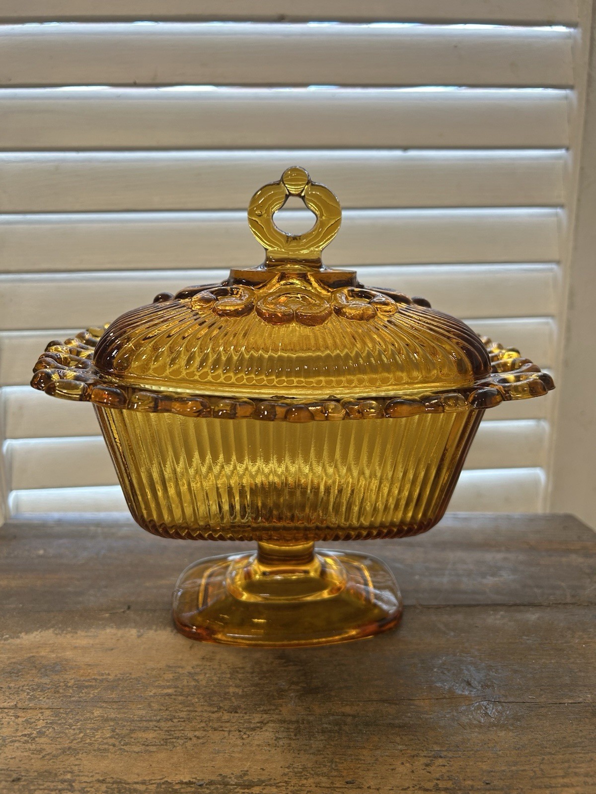 Indiana Glass Company “Lace Edge” Amber candy dish