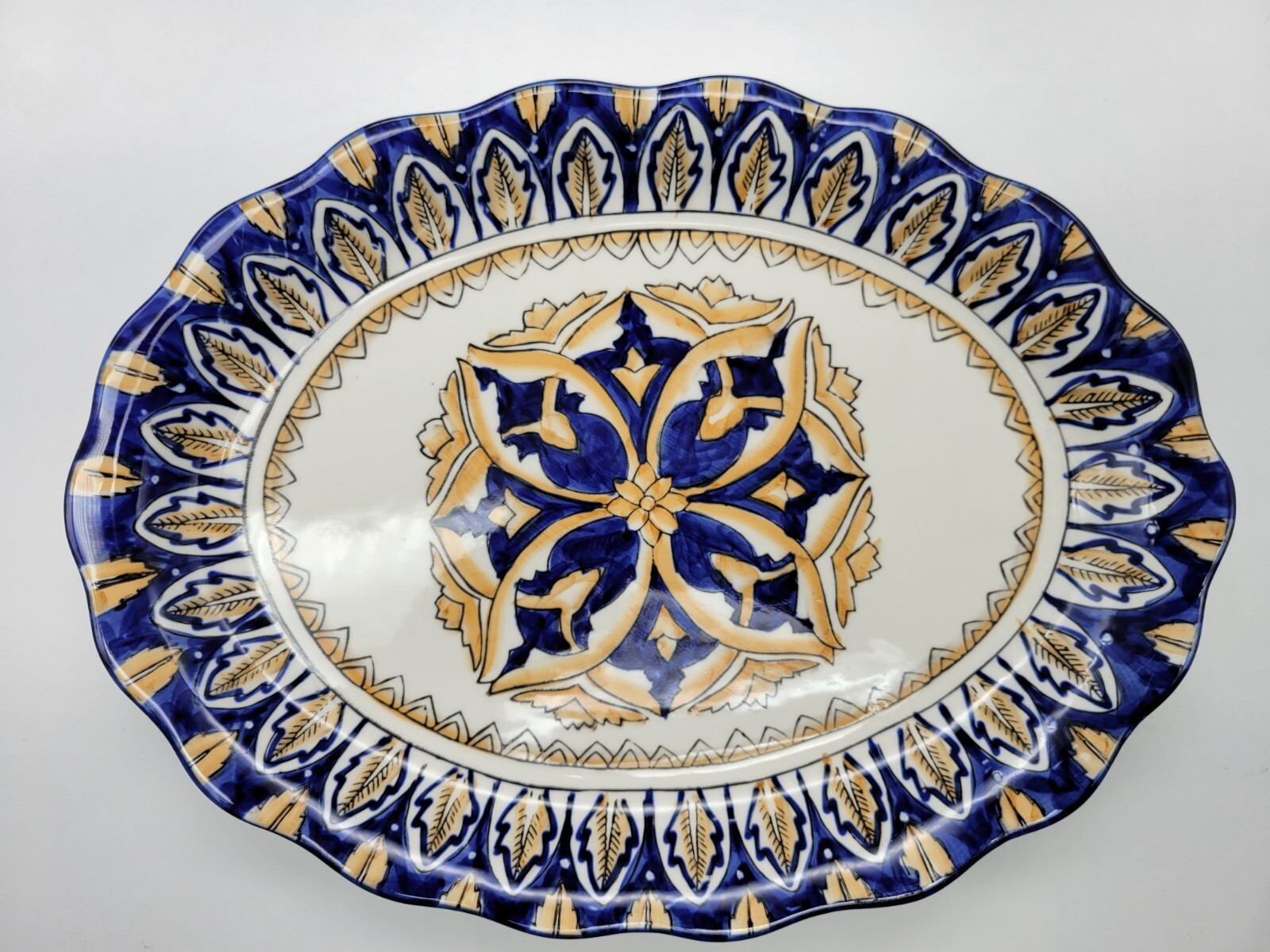 I. Godinger Italian Platter Scalloped Oval Cobalt Blue and Yellow 11.5″
