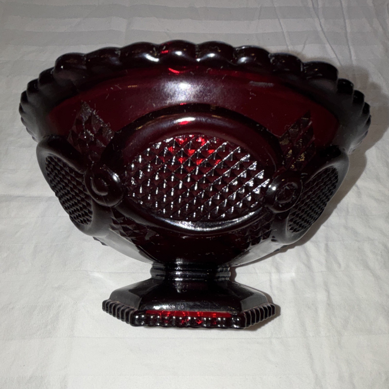 Avon Red Pressed Glass Diamond Pedestal Candy Dish