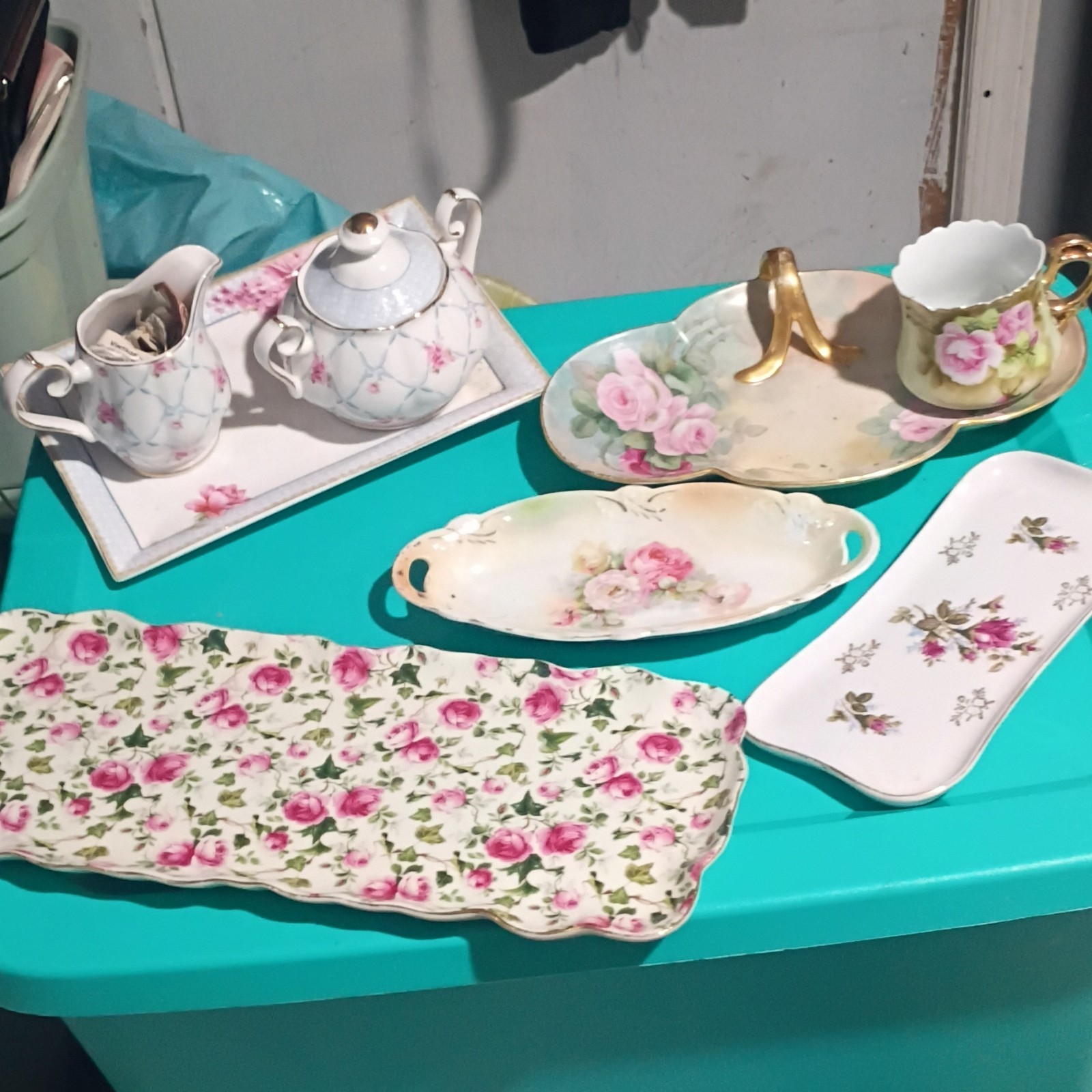 Unmarked Floral Porcelain Dishes Lot, White Pink Green Gold Trim, Glossy
