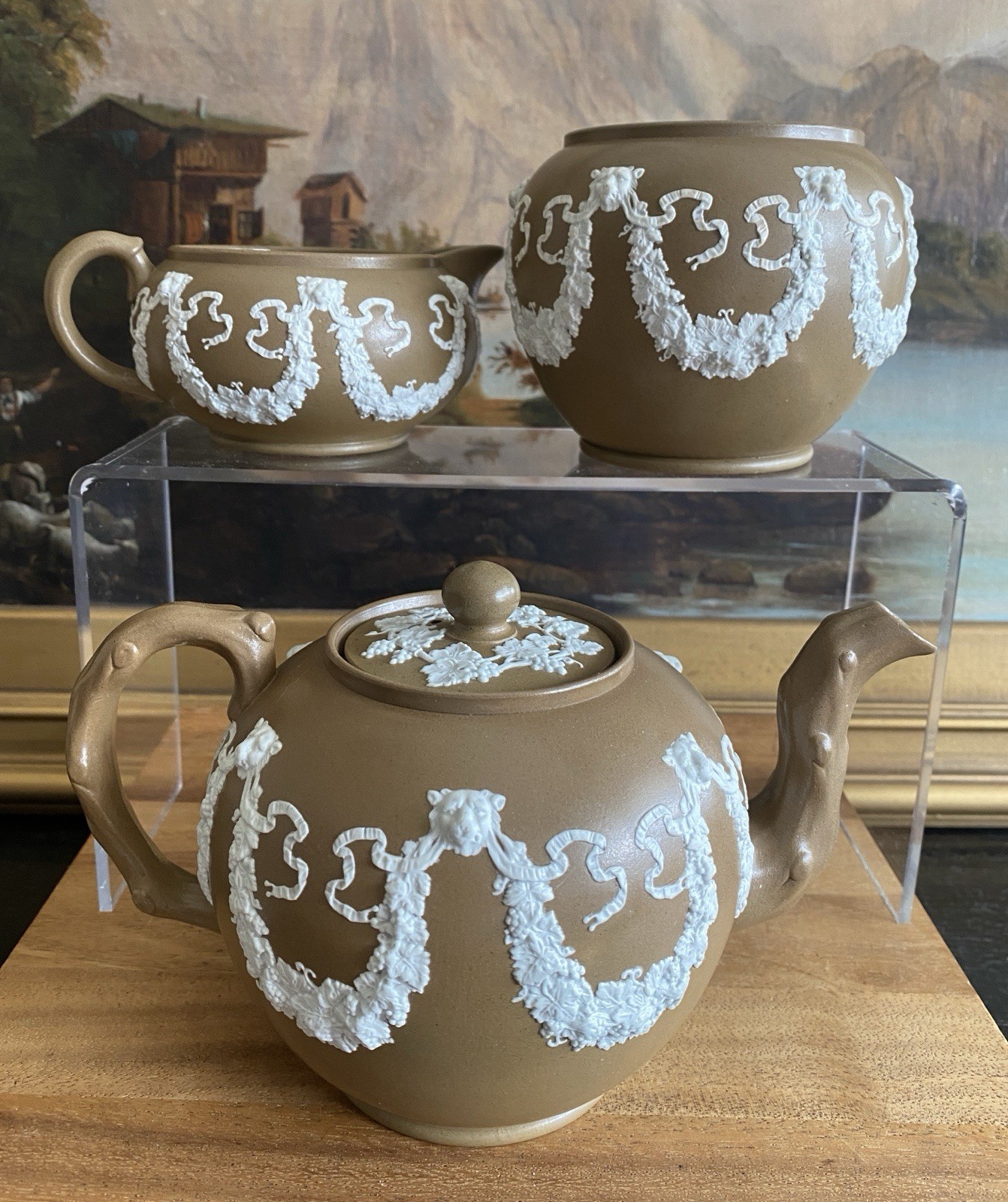 RIDGWAY or DUDSON Brown Jasperware TEAPOT CREAMER SUGAR Antique England 19th CE