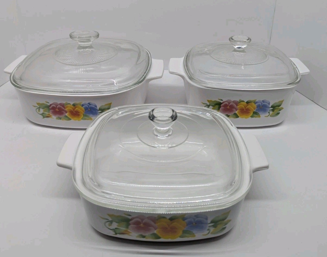 6 pc Set of Corning Summer Blush Casserole Dishes 2L 1.5L 1L w/ Pyrex Lids EXC