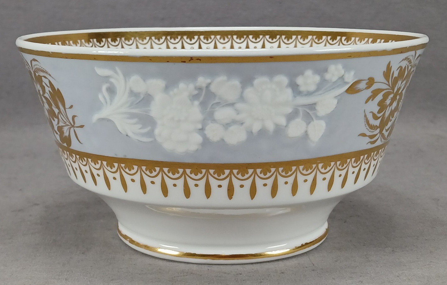 Spode 3906 Embossed Floral Blue Grey & Gold Waste Bowl Circa 1821-1827