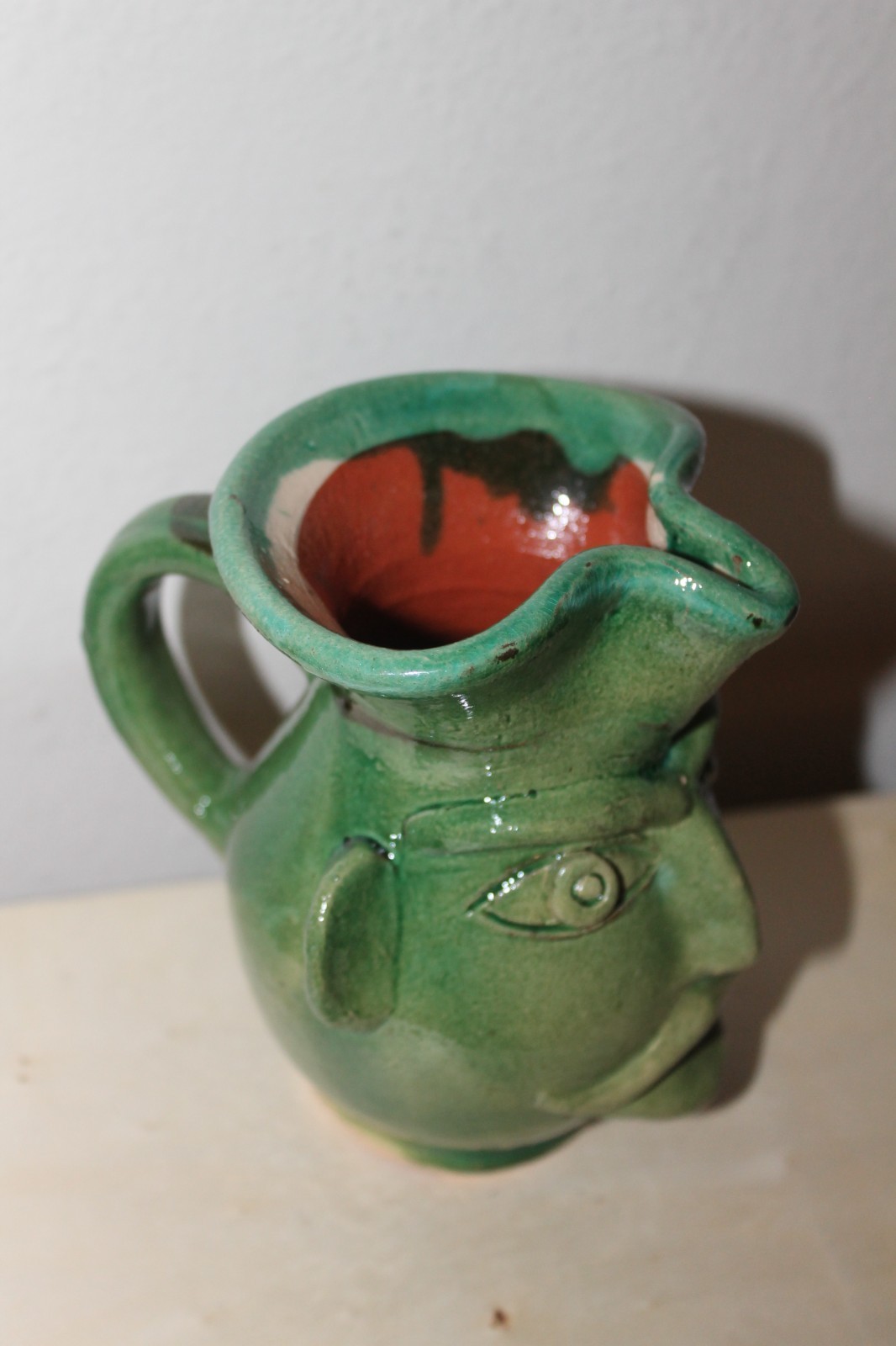 Vintage Green Southern Folk Art Face Jug Pitcher B5