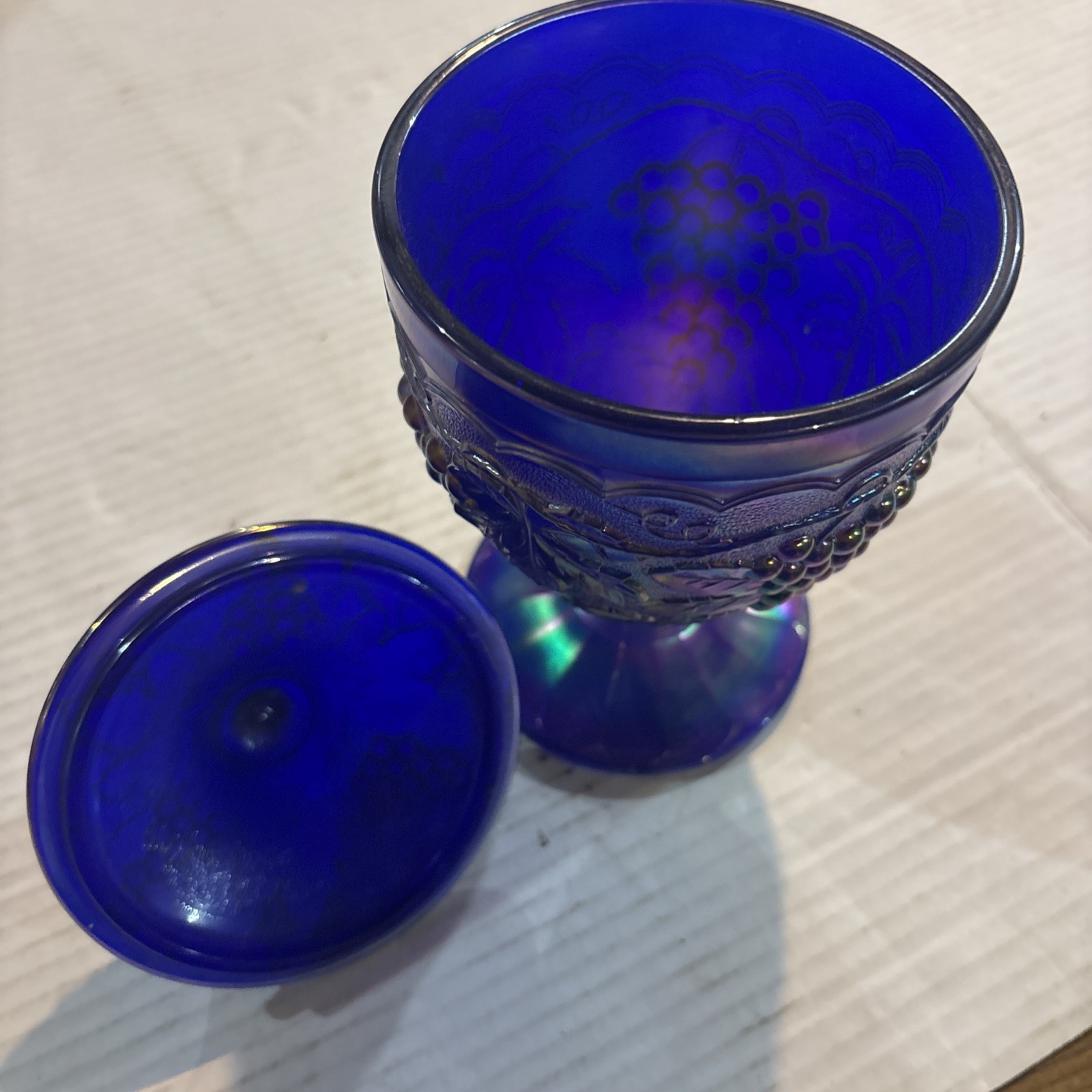 Imperial Blue Carnival Glass Harvest Grape Candy Dish Lid Compote With Sticker