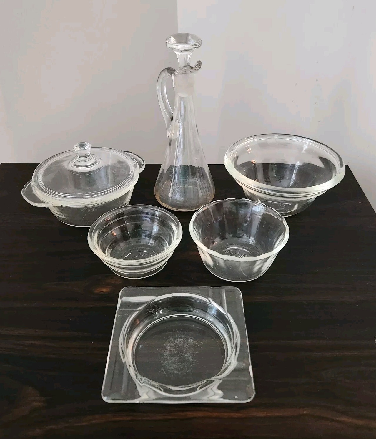 Mixed Clear Glass Lot Bowls Dishes Fire-King GlasBake Cruet Ashtray Vintage