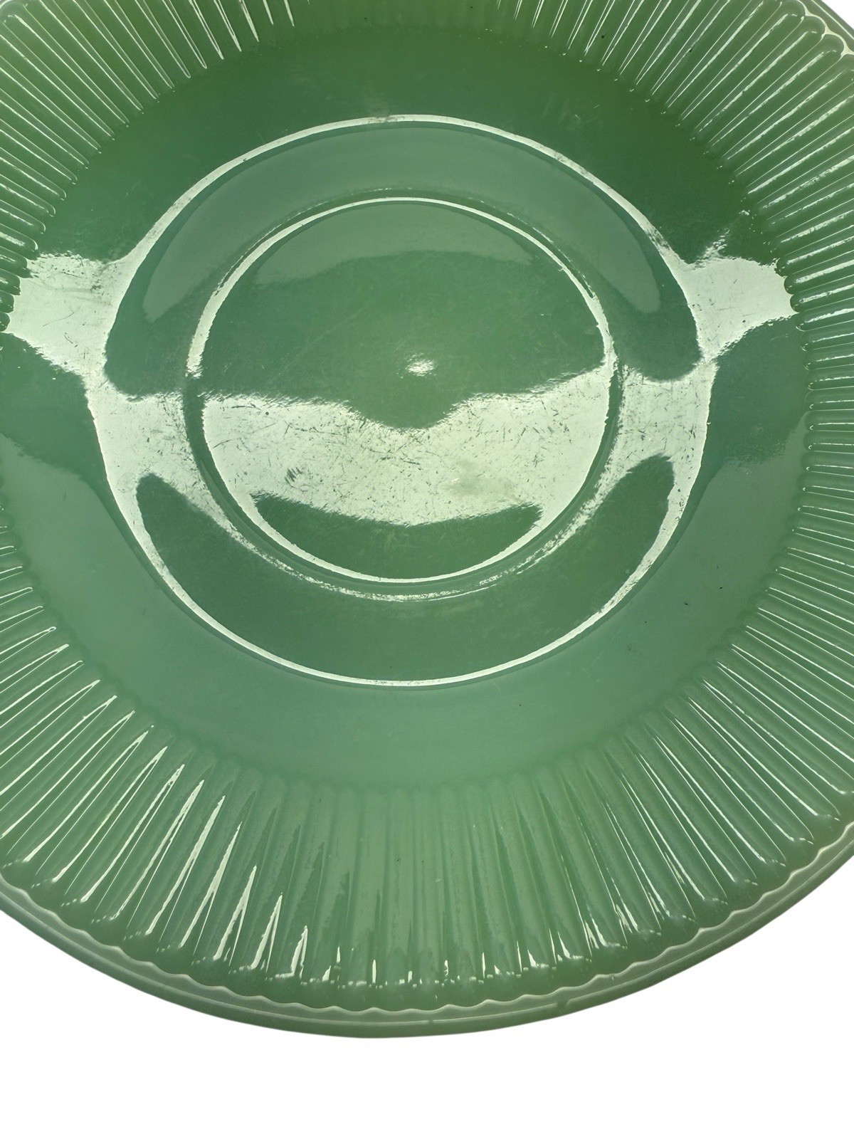 Rare Rayed Bottom Fire King Jade-ite Jane Ray Saucer – Excellent Condition