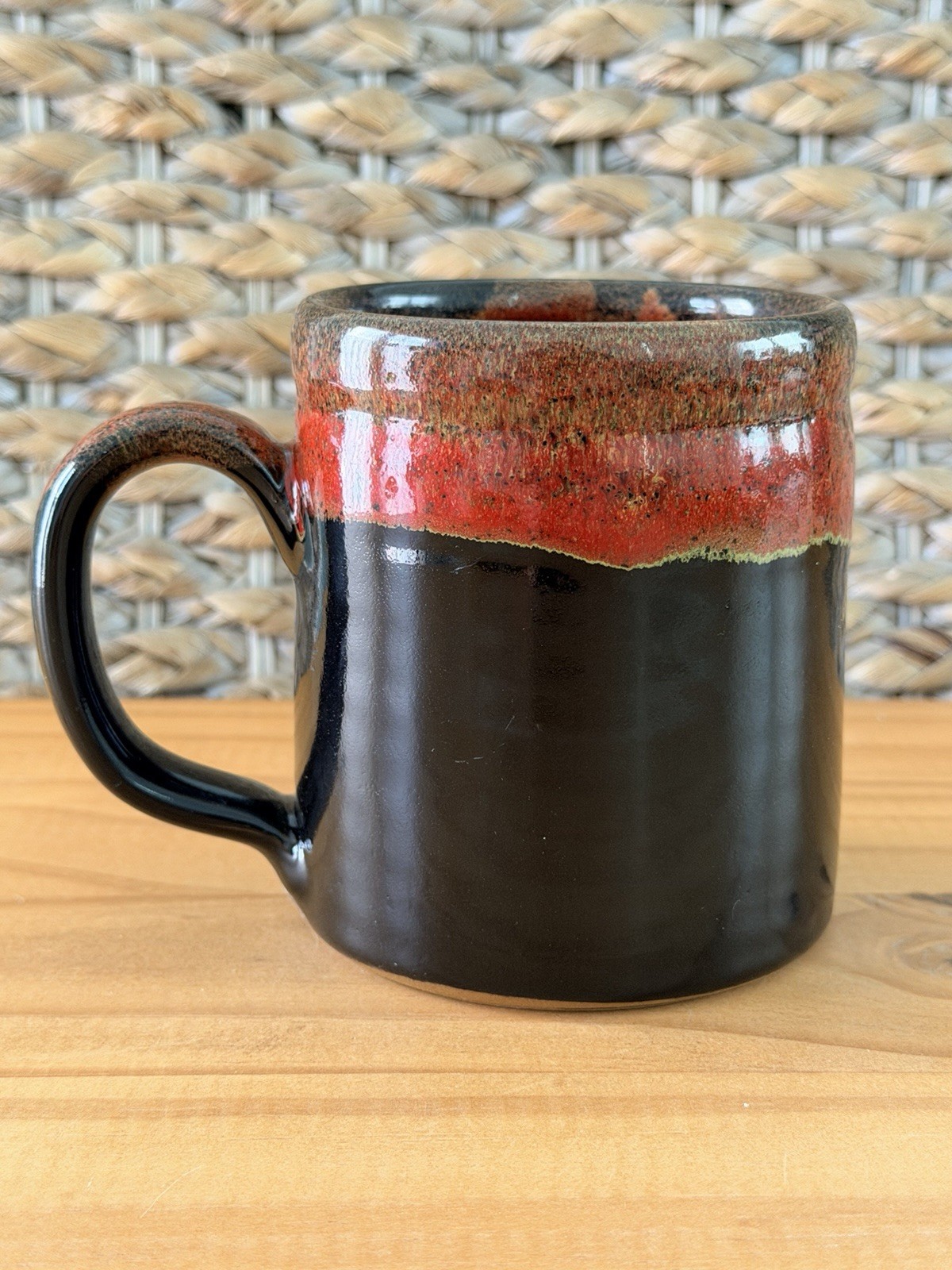 Snap-On Deneen Pottery Handmade Ceramic Coffee Mug 16 oz Red Drip Glaze USA