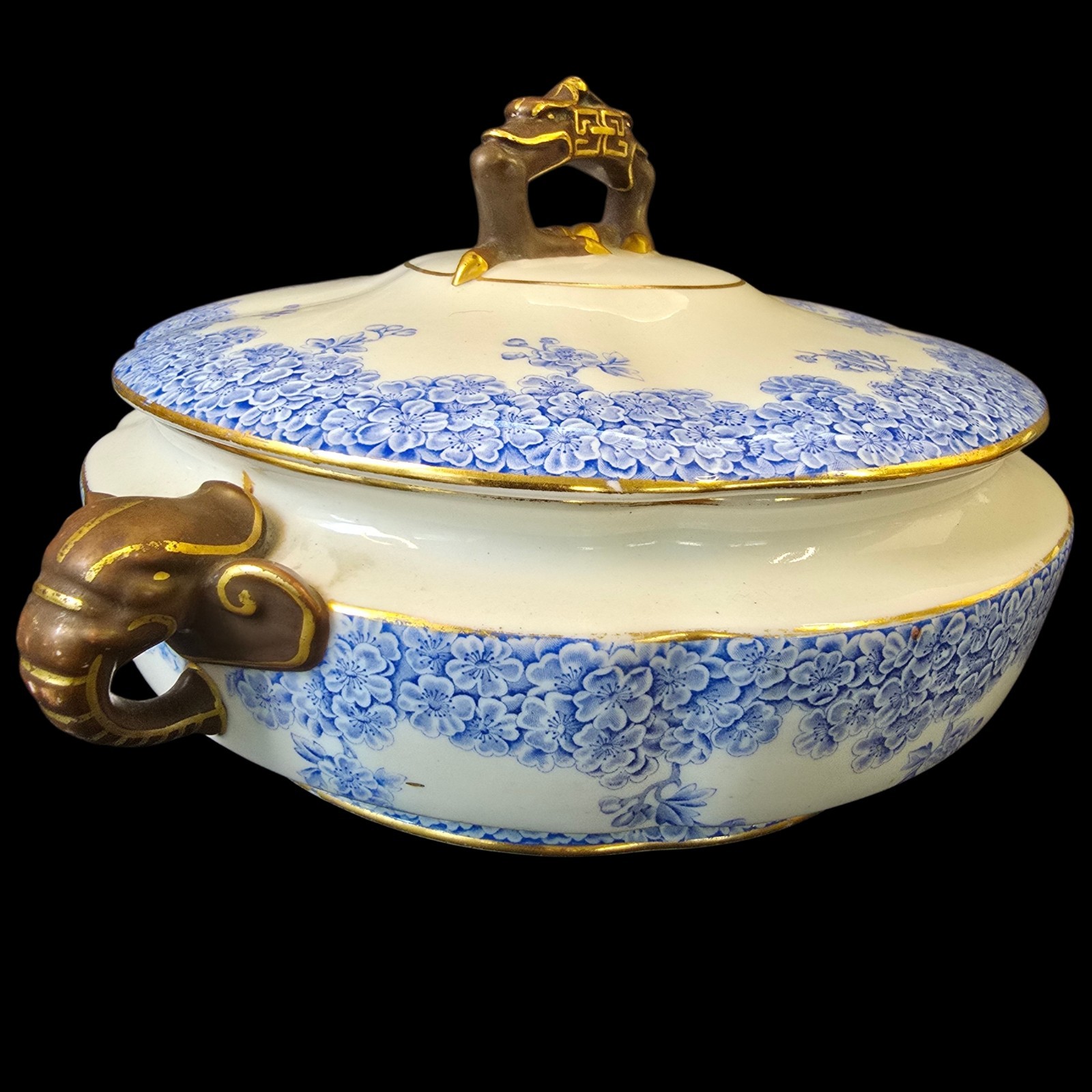 Early Royal Worcester Covered dish Oriental Style Elephand Head Handles Ovington