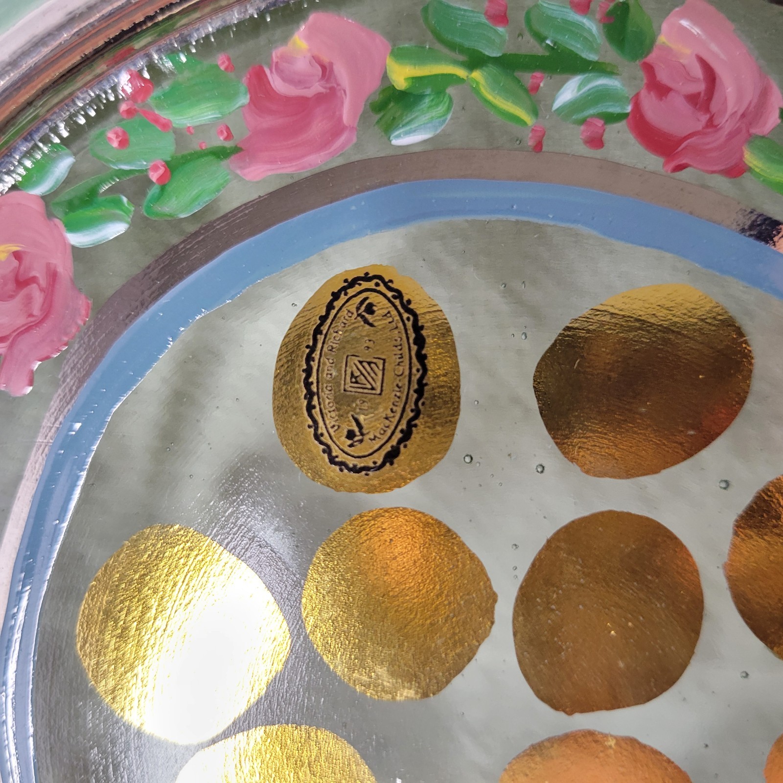 Early MacKenzie-Childs Plate Hand Painted Glass Salad 9″ Rose Garland Gold Dots