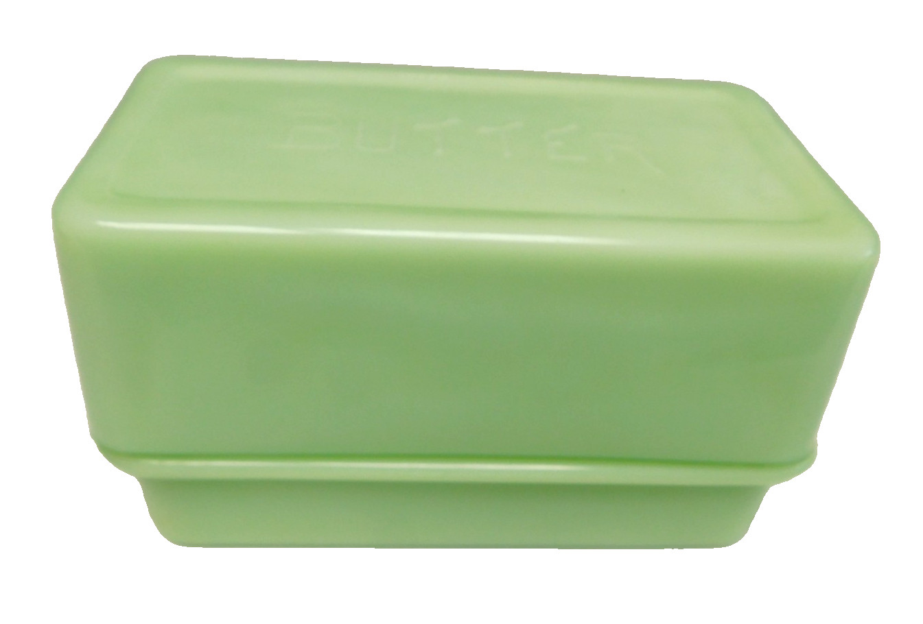 VINTAGE 1930’S JEANNETTE GREEN JADEITE BUTTER DISH & COVER EMBOSSED TOP