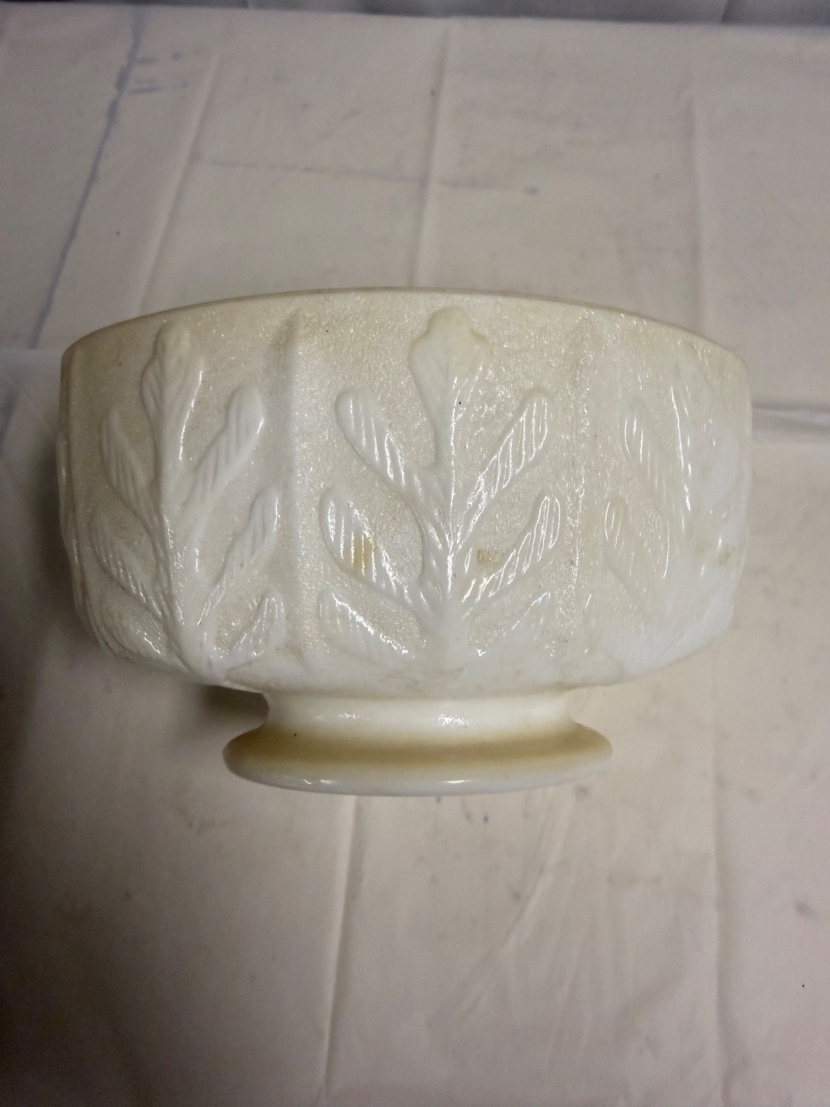 Vintage FTD White Milk Glass Oak Leaf Oval Low Footed Bowl Compote Planter 1975