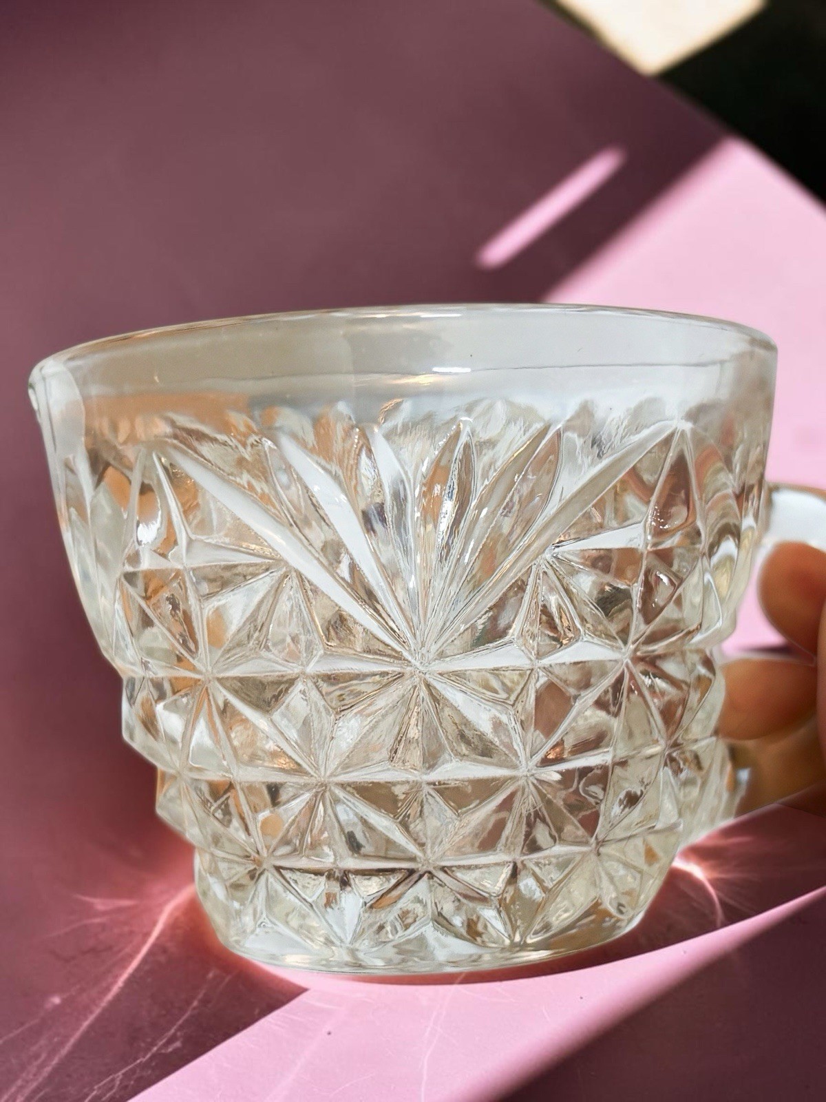 Vintage Pressed Glass Punch Bowl Set with 10 Matching Cups – Starburst/Diamond