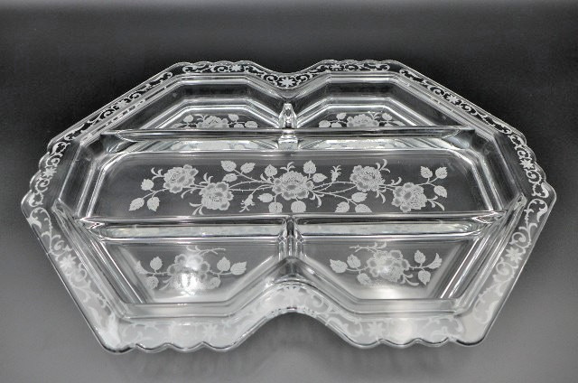 Vintage Fostoria MCM Etched Midnight Rose Glass Relish Tray 5 Compartments
