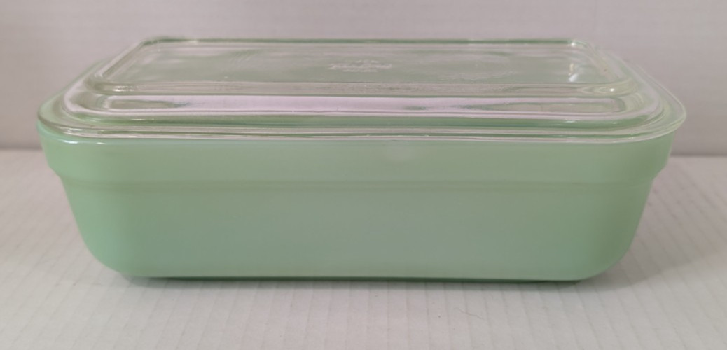 AS IS Fire King Jadeite Refrigerator Dish Lid 8.25″x 4.25″ THREE CHIPS Oven Ware