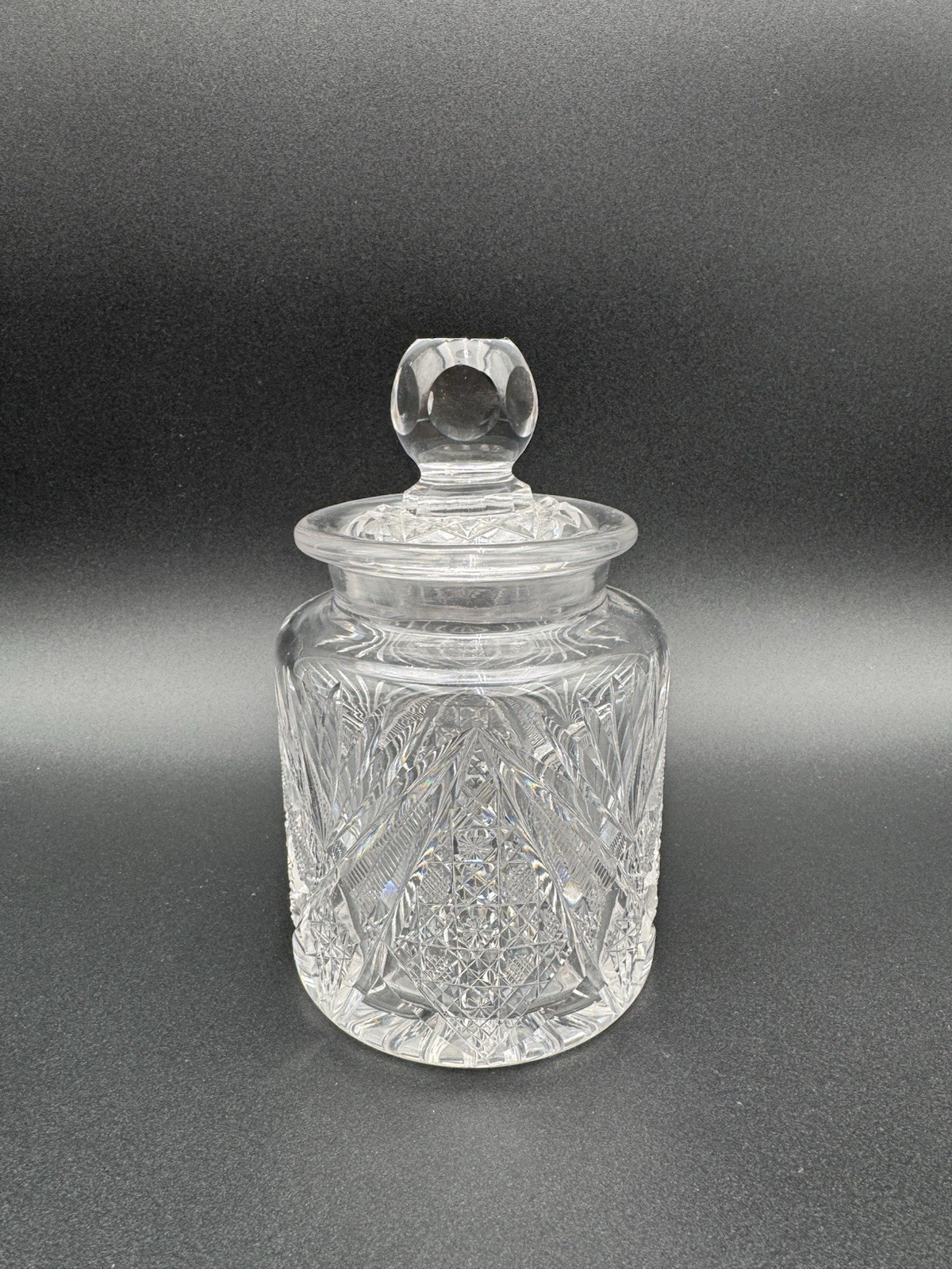 American Brilliant Period Style Cut Glass Crystal Biscuit Jar Hobstar Lidded