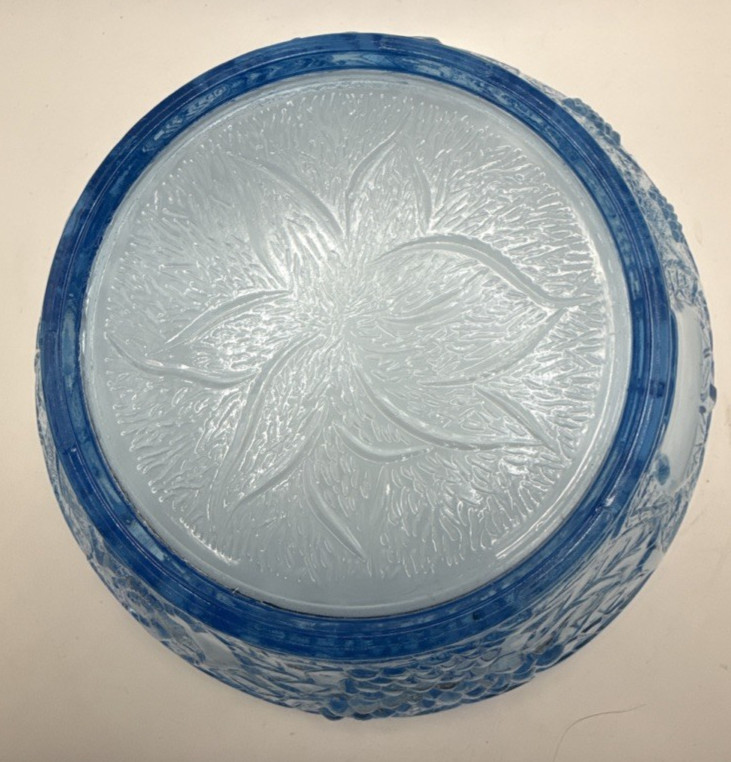 Glass Serving Bowl Ice Blue KIG Indonesia VTG 8.5″ Flower Fruit Apple Pear Grape