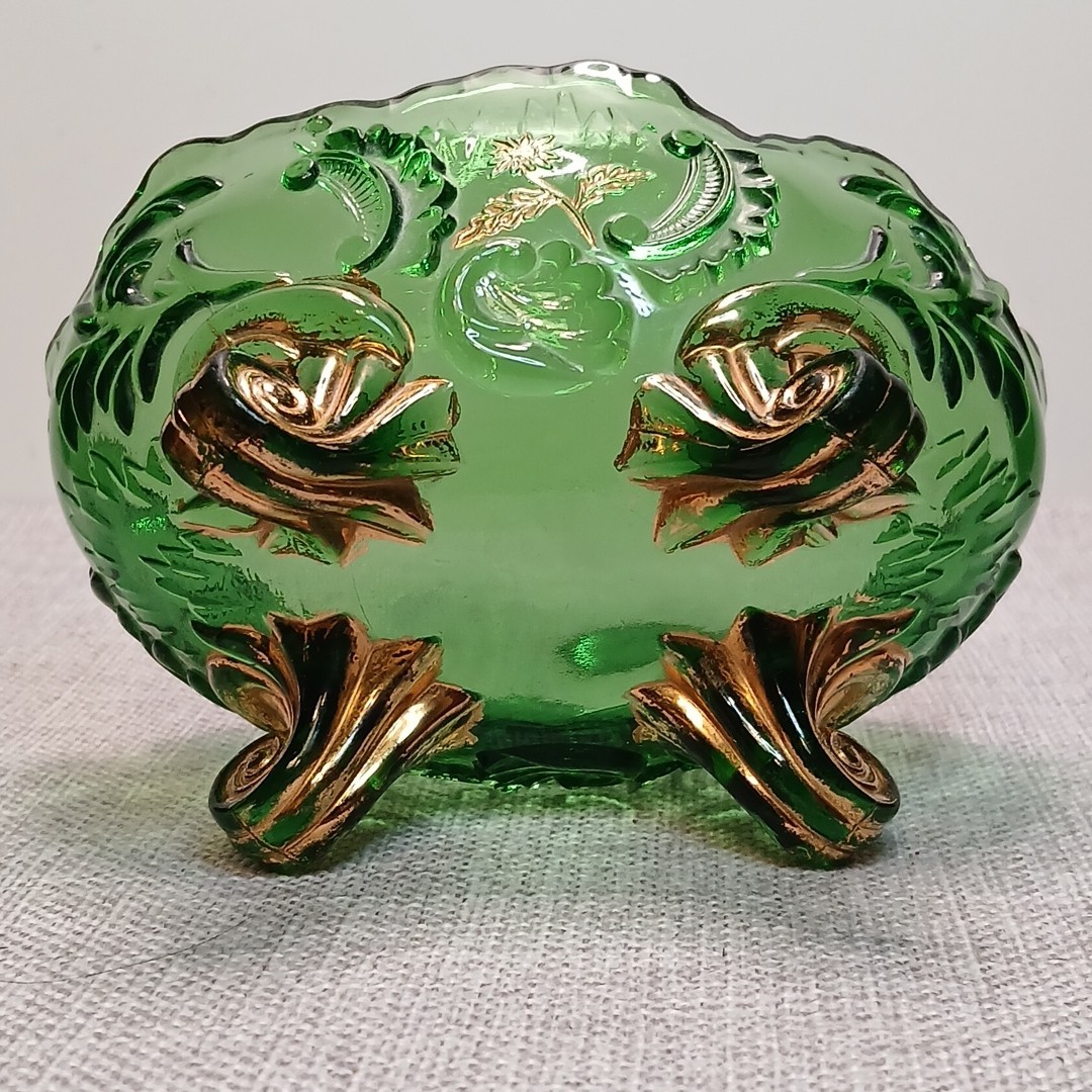 Antique Northwood EAPG Louis XV Emerald Green with Gold Gild Berry Bowl