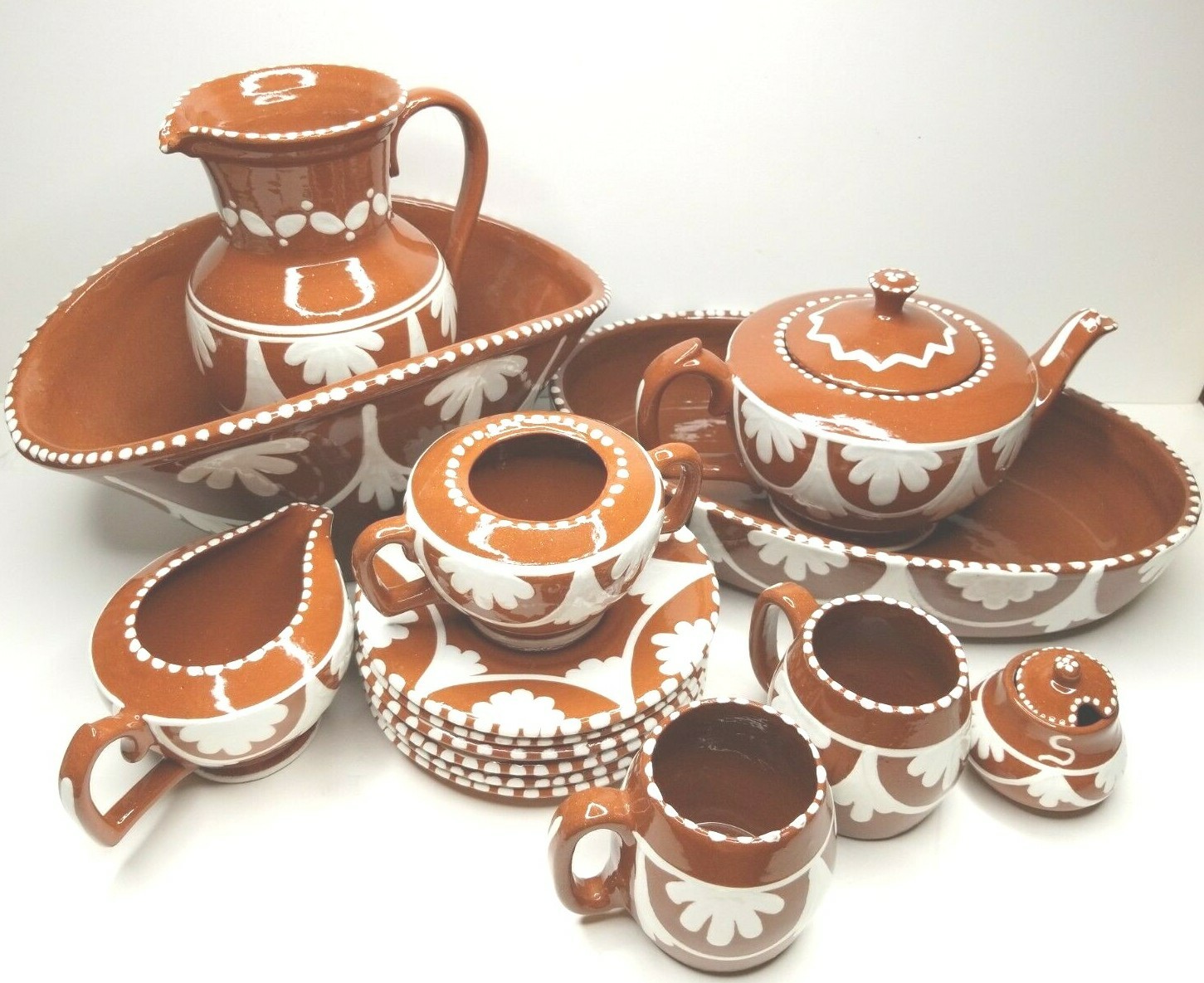 15 Pc Obar Terra Cotta Plates Teapot Pitcher Bowl Cream Cup Cruz Legue Portugal